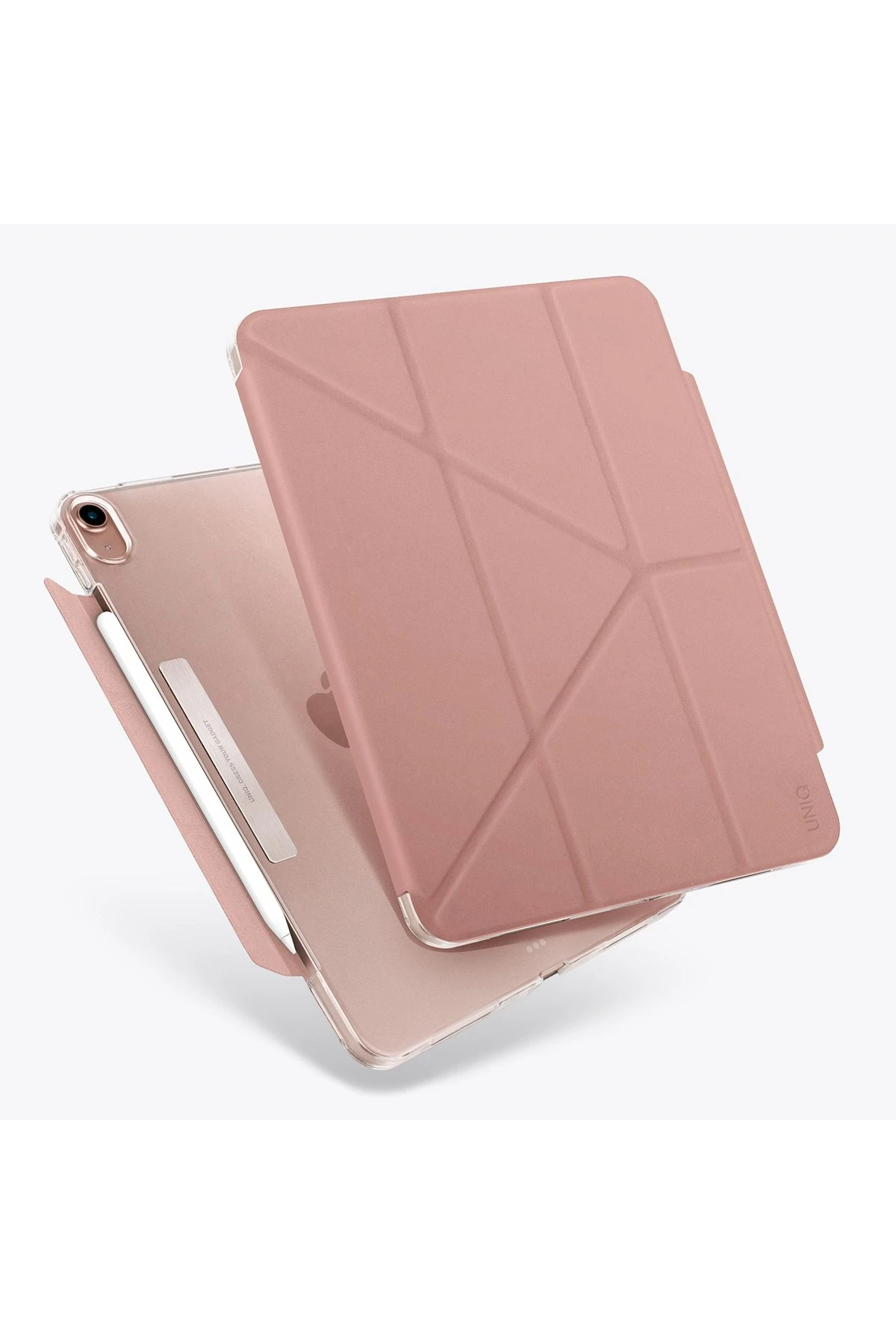 Şeffaf kılıflı pembe tablet ve pembe origami tarzı kapak.