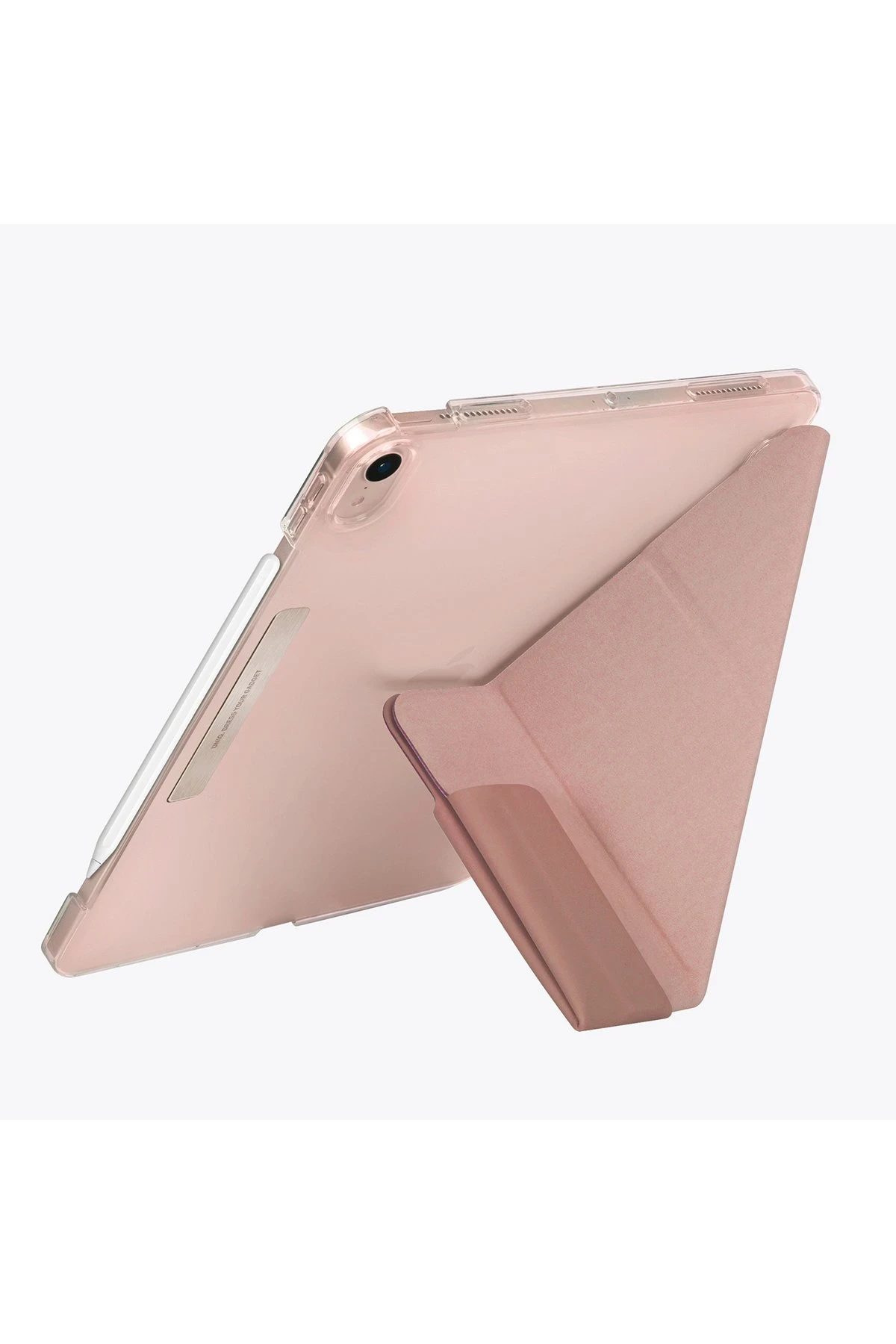 Yan tarafına yaslanmış kılıflı, gül altın rengi tablet. Bir kalem takılı.