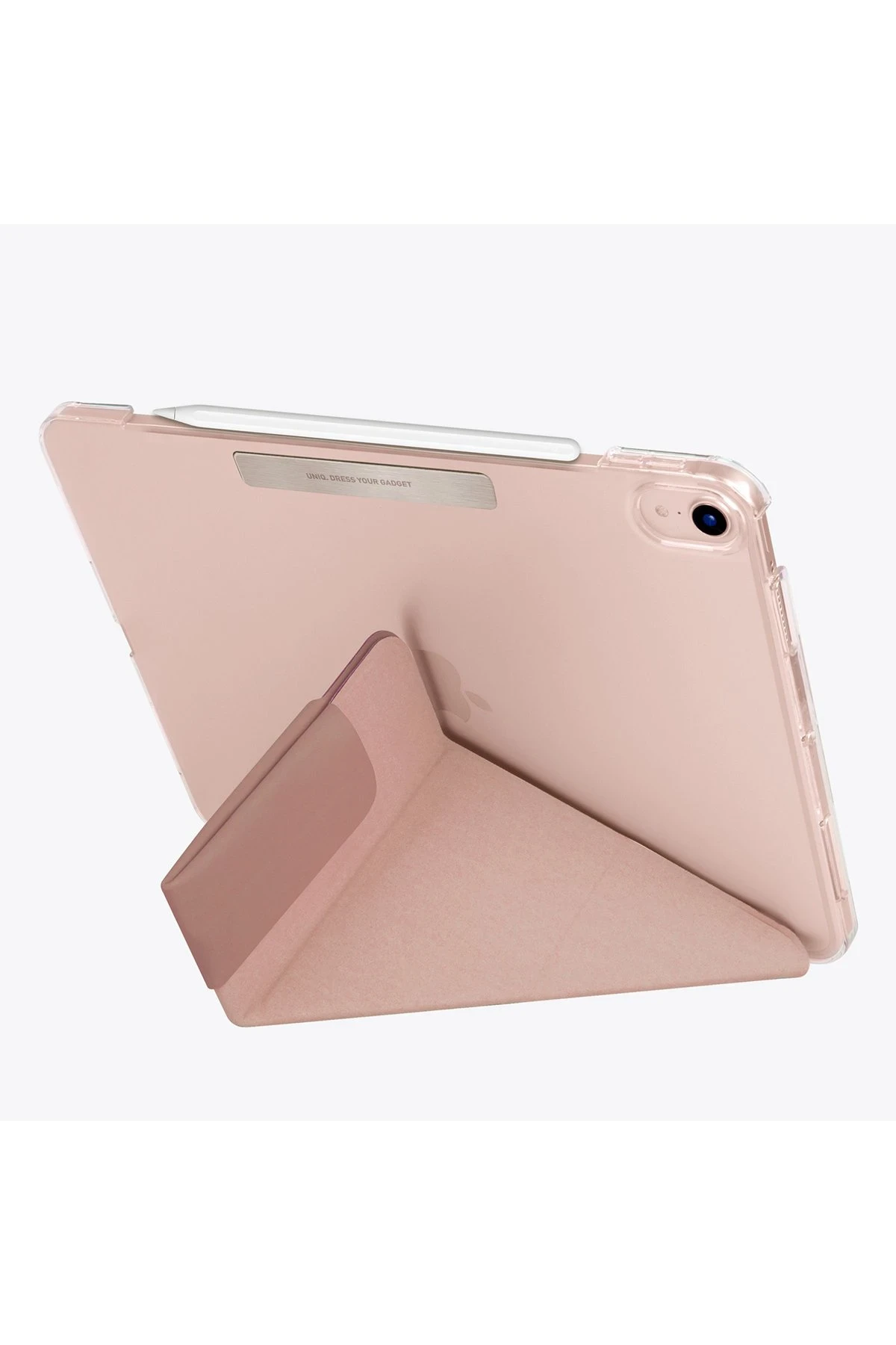 Beyaz arka plan üzerinde stylus ve stantlı gül altın rengi tablet.