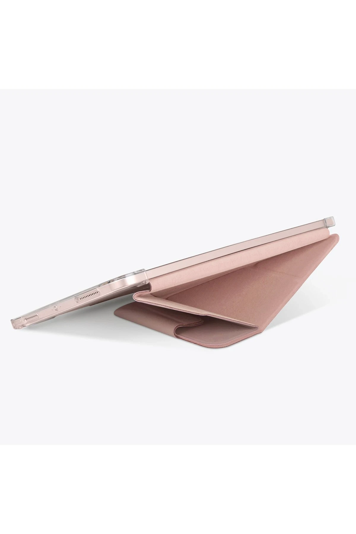 Pembe tablet kılıfı beyaz zeminde açık duruyor.