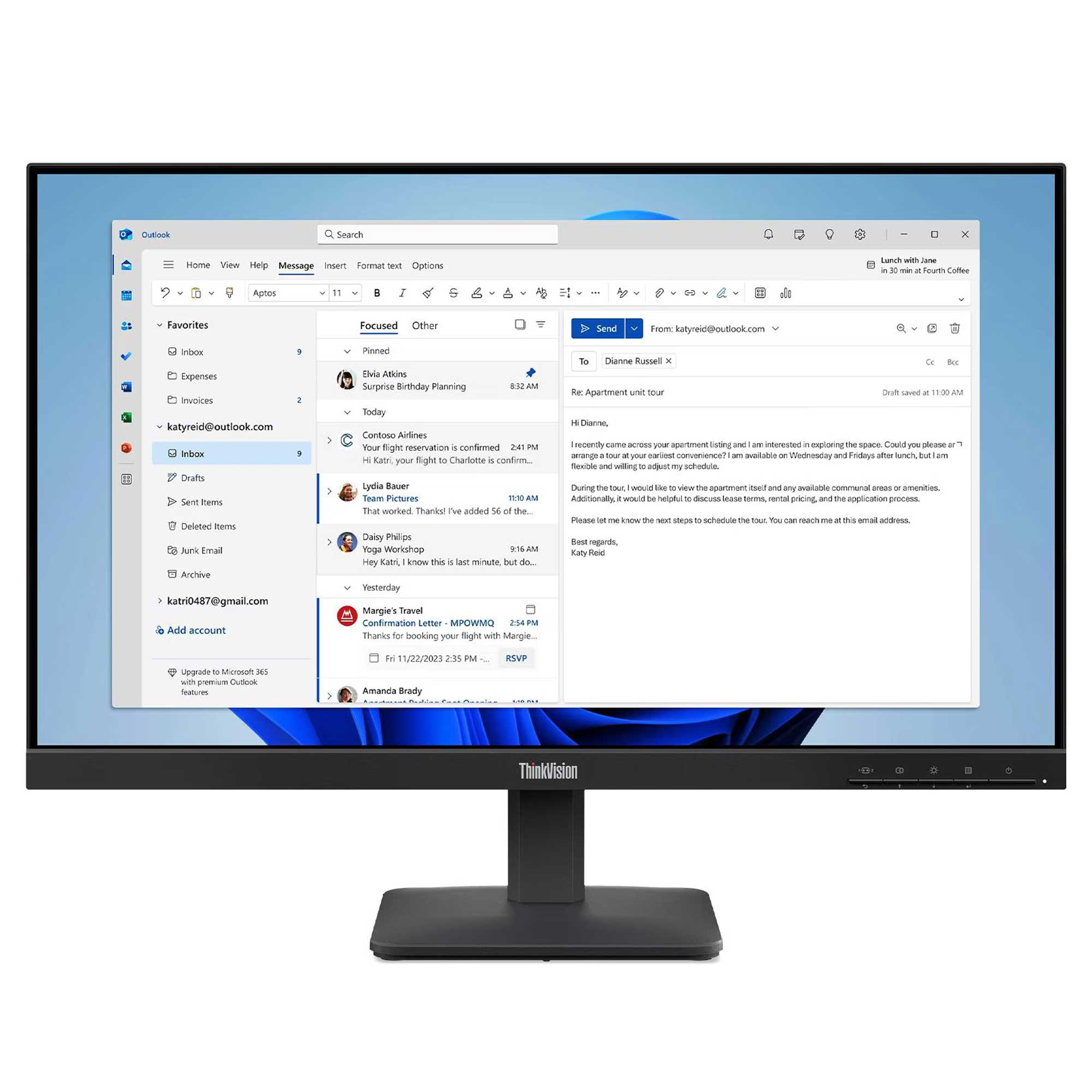 Bir bilgisayar monitörü, e-posta listesi ve açık bir e-posta gösteren Outlook uygulamasını görüntüler.