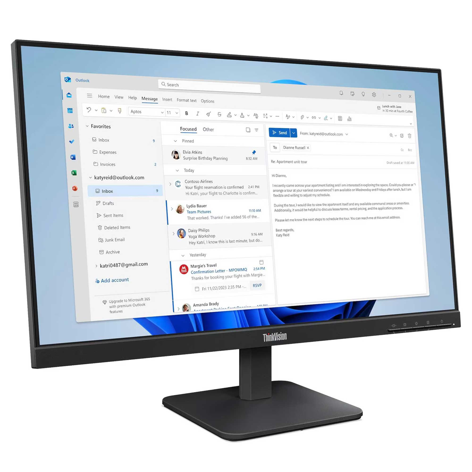 Bir monitör, e-postalar ve takvim etkinlikleriyle Outlook uygulamasını gösteriyor.