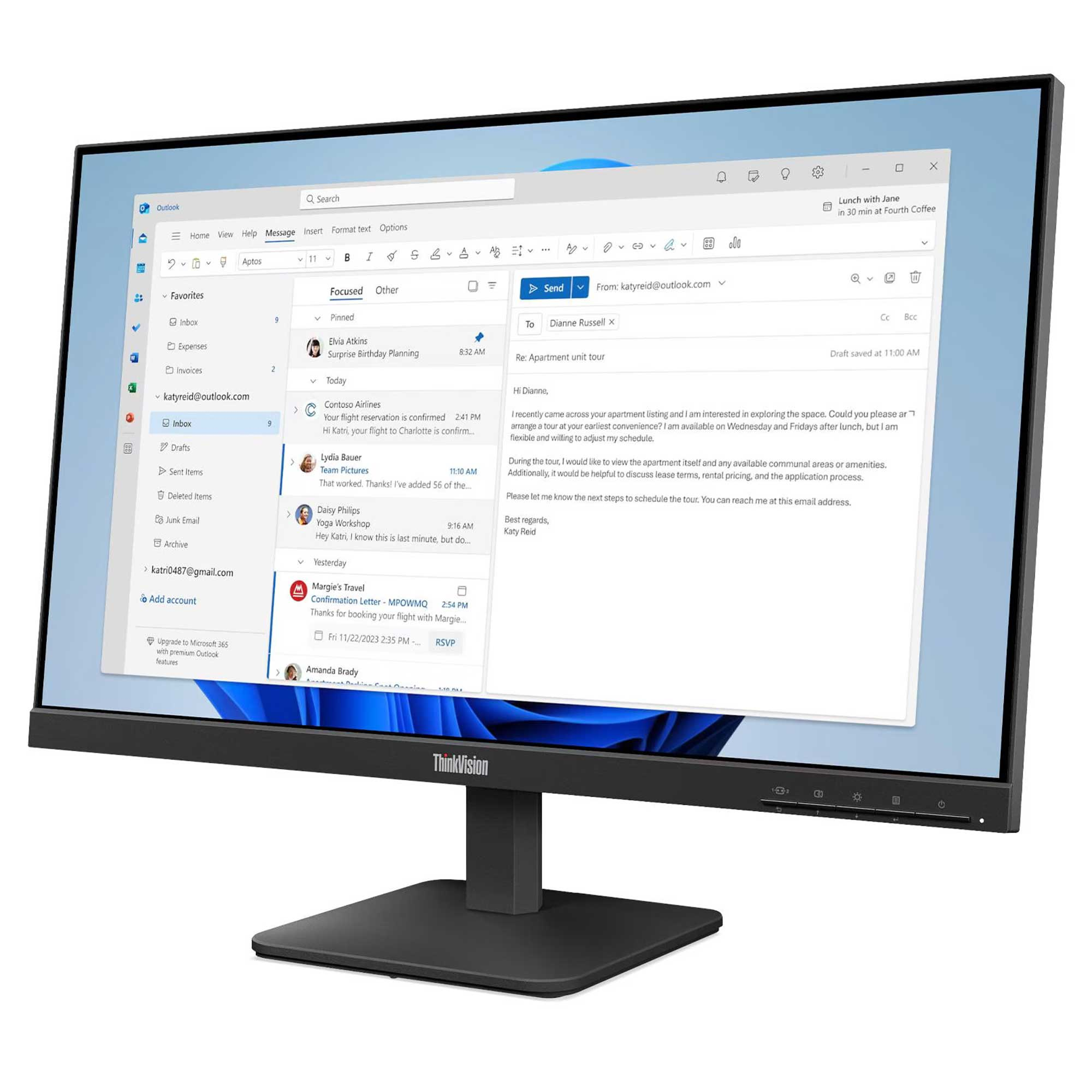 Ekran, e-posta listesi ve açık bir e-posta içeren bir Outlook penceresini gösteriyor.