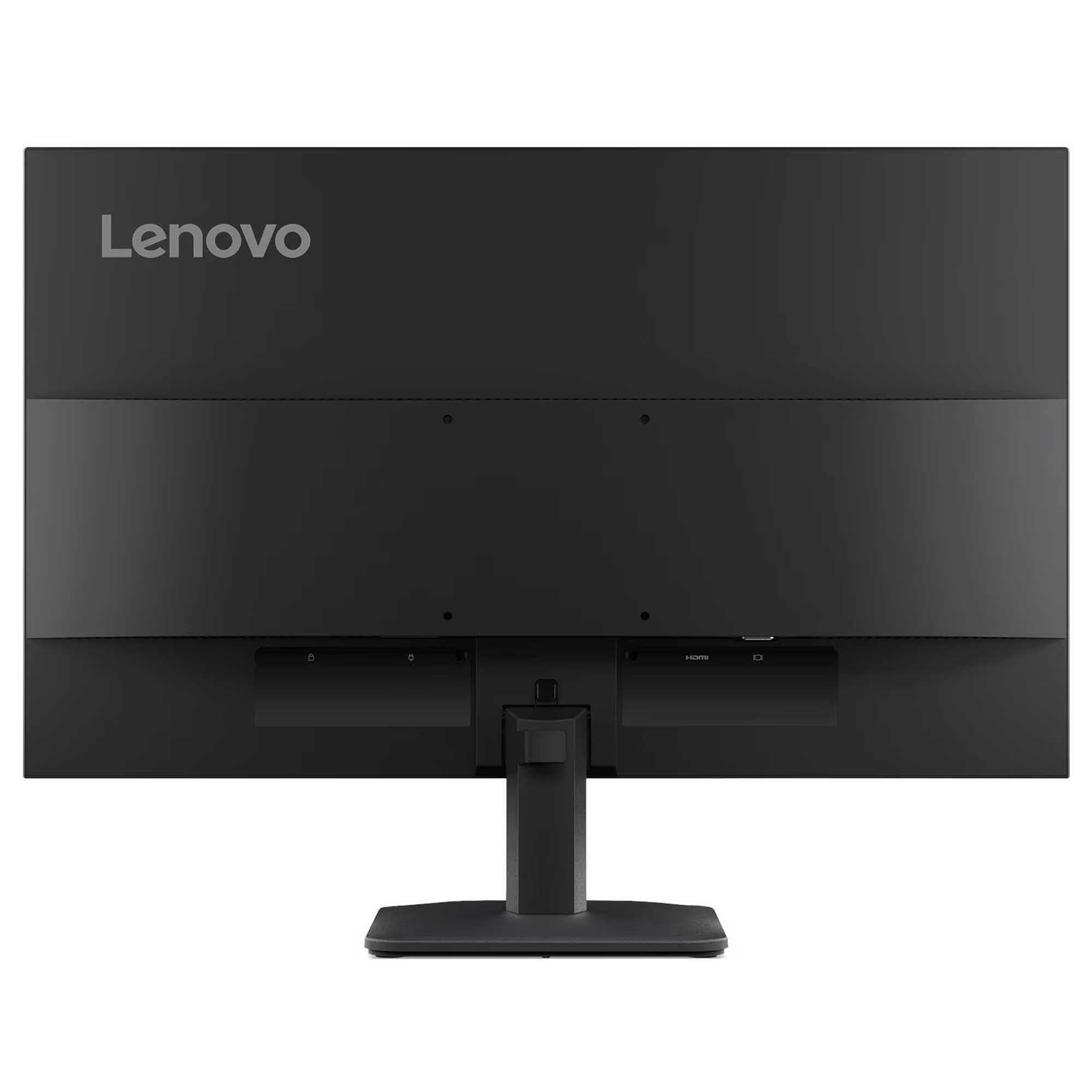 Arkada stant ve bağlantı noktaları görünen siyah Lenovo monitör.