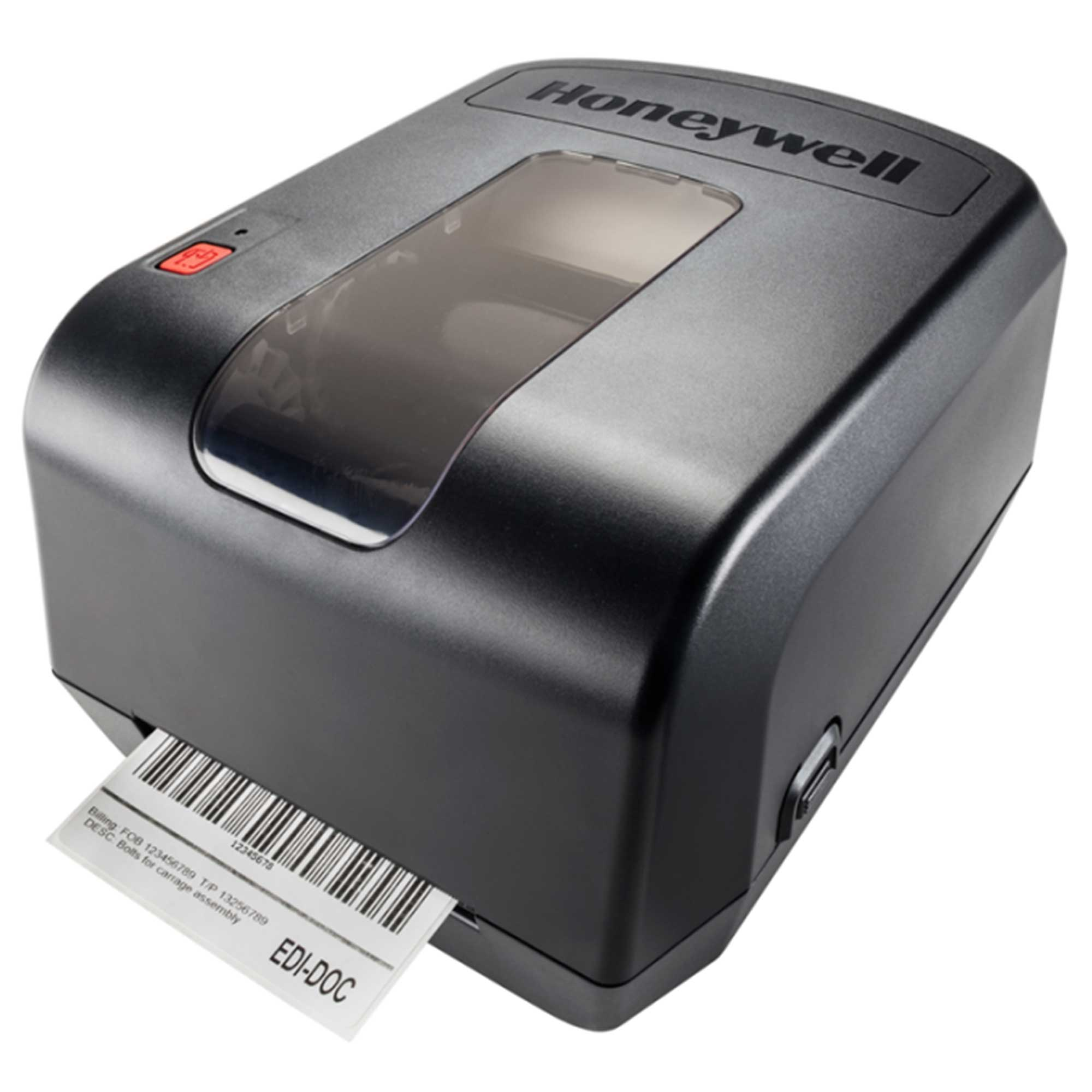 Yazdırılmış barkodlu bir etiket çıkan siyah bir Honeywell etiket yazıcısı.