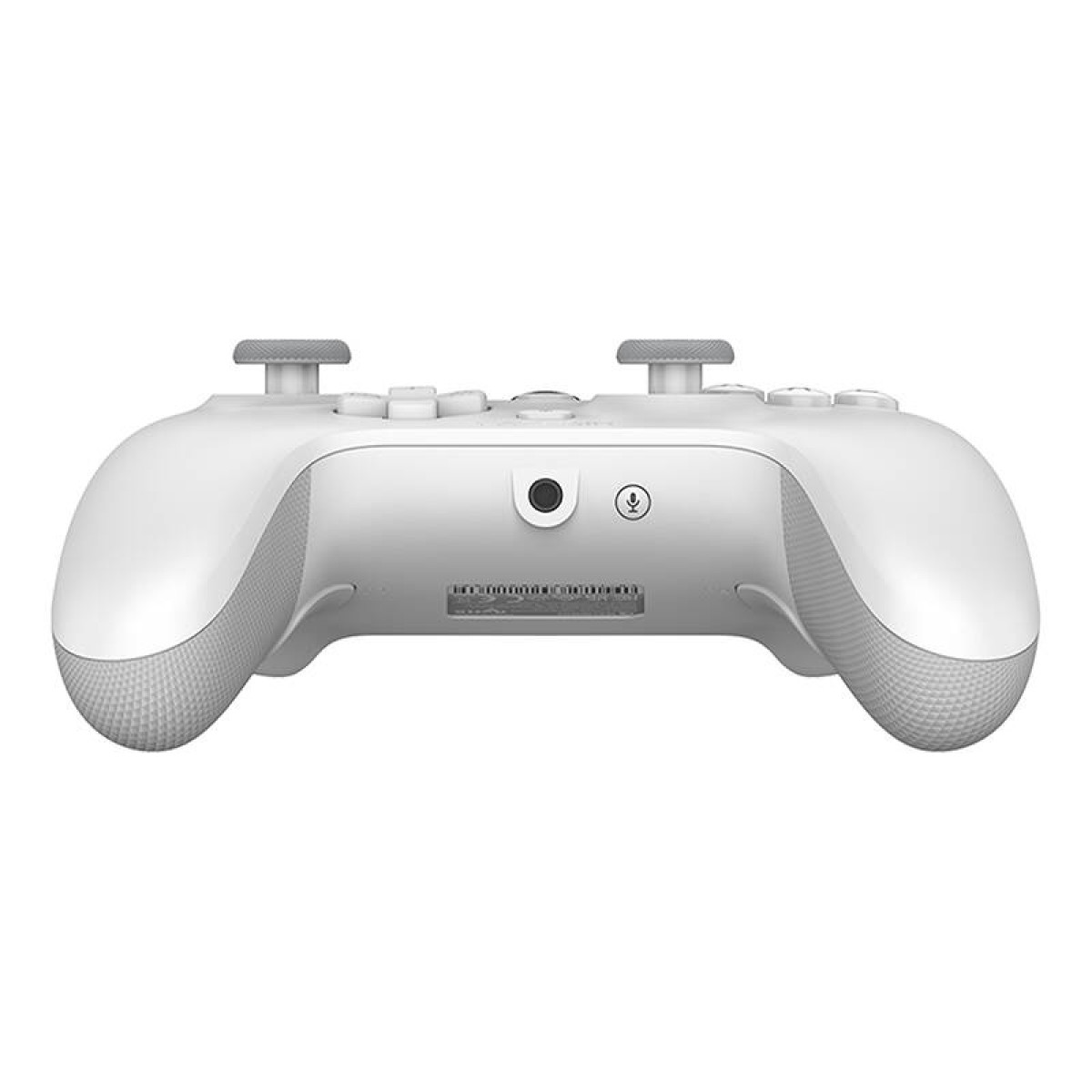 İki joystickli ve çeşitli düğmeli beyaz oyun kumandası.