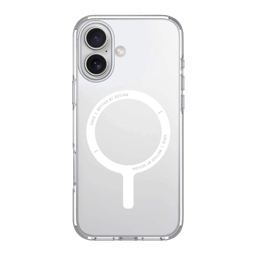 İki kameralı şeffaf telefon kılıfı ve beyaz dairesel logo.
