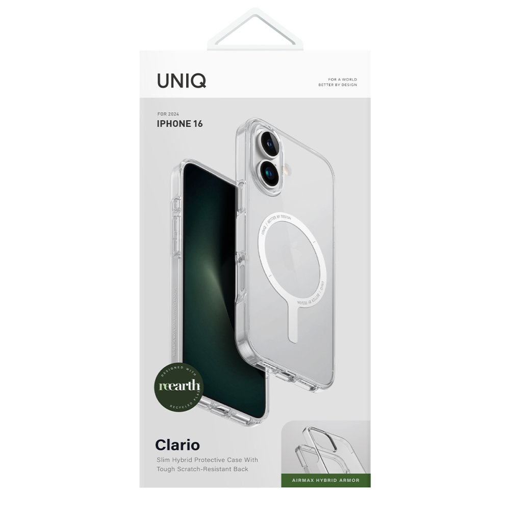 'reearth' logolu ve "Clario" yazılı iPhone 16 için şeffaf koruyucu kılıf.