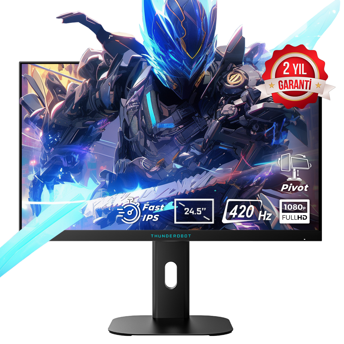 420Hz ve 1080P özellikli, mavi ve siyah robotlu bir monitör.