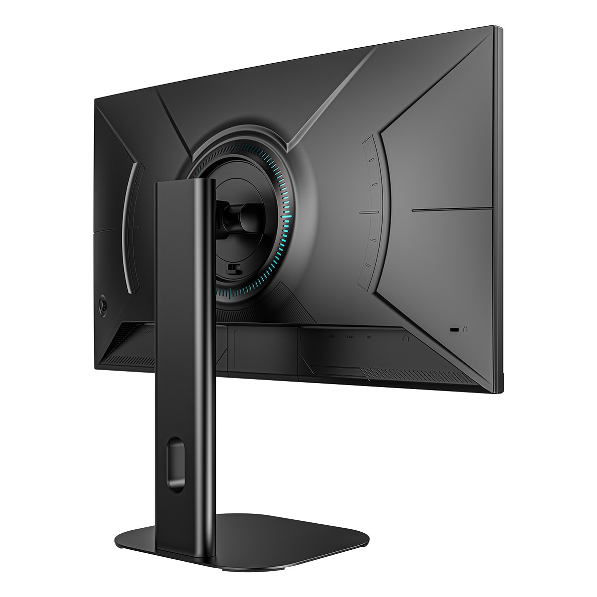 Mavi LED ışık halkalı siyah monitörün arka görünümü ve standı.