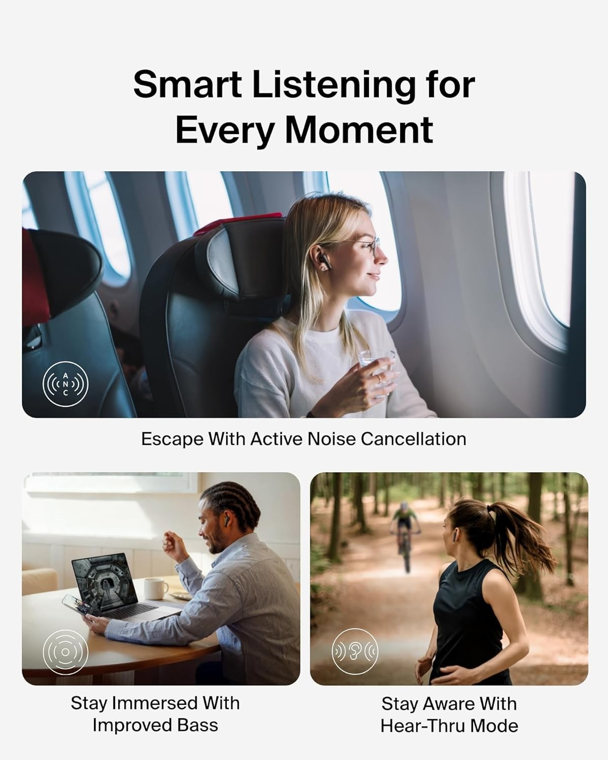 Kobieta w samolocie, mężczyzna przy laptopie, biegaczka w lesie.