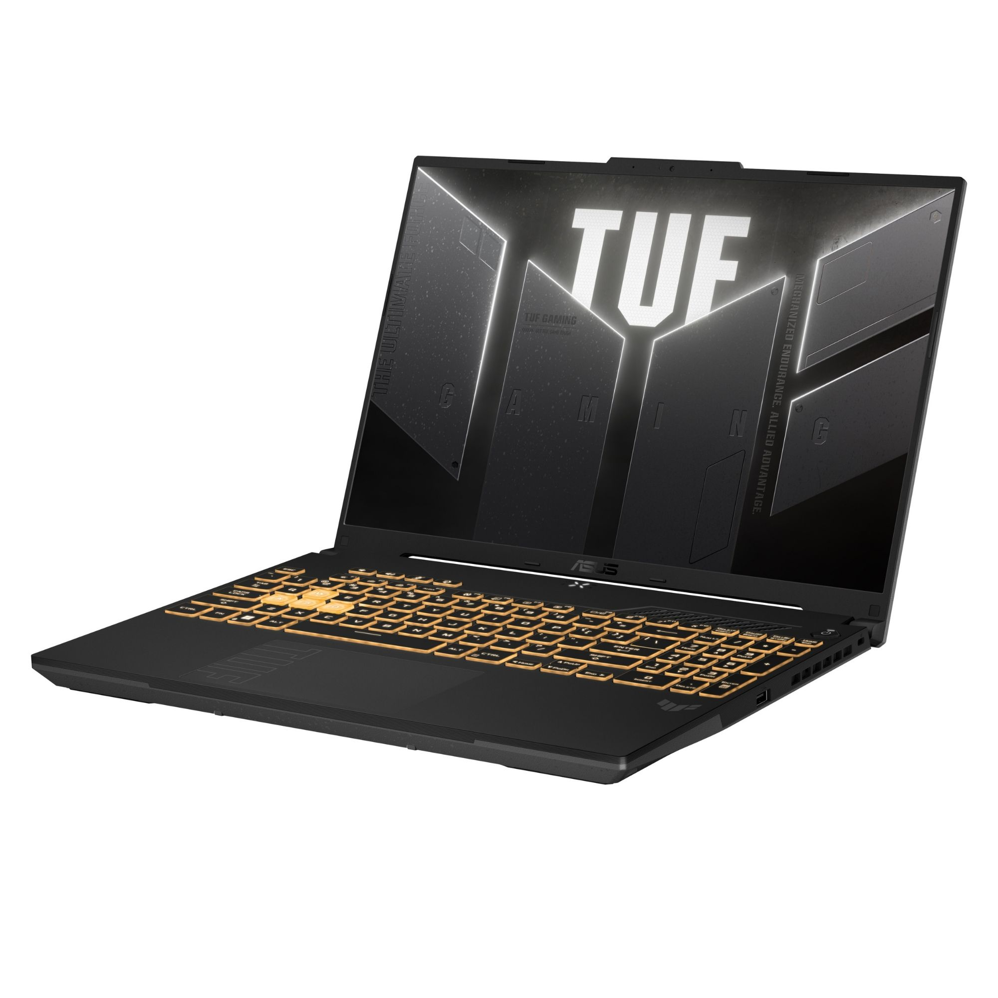 Ekranında TUF logosu ve aydınlatmalı klavyesi olan siyah dizüstü bilgisayar.