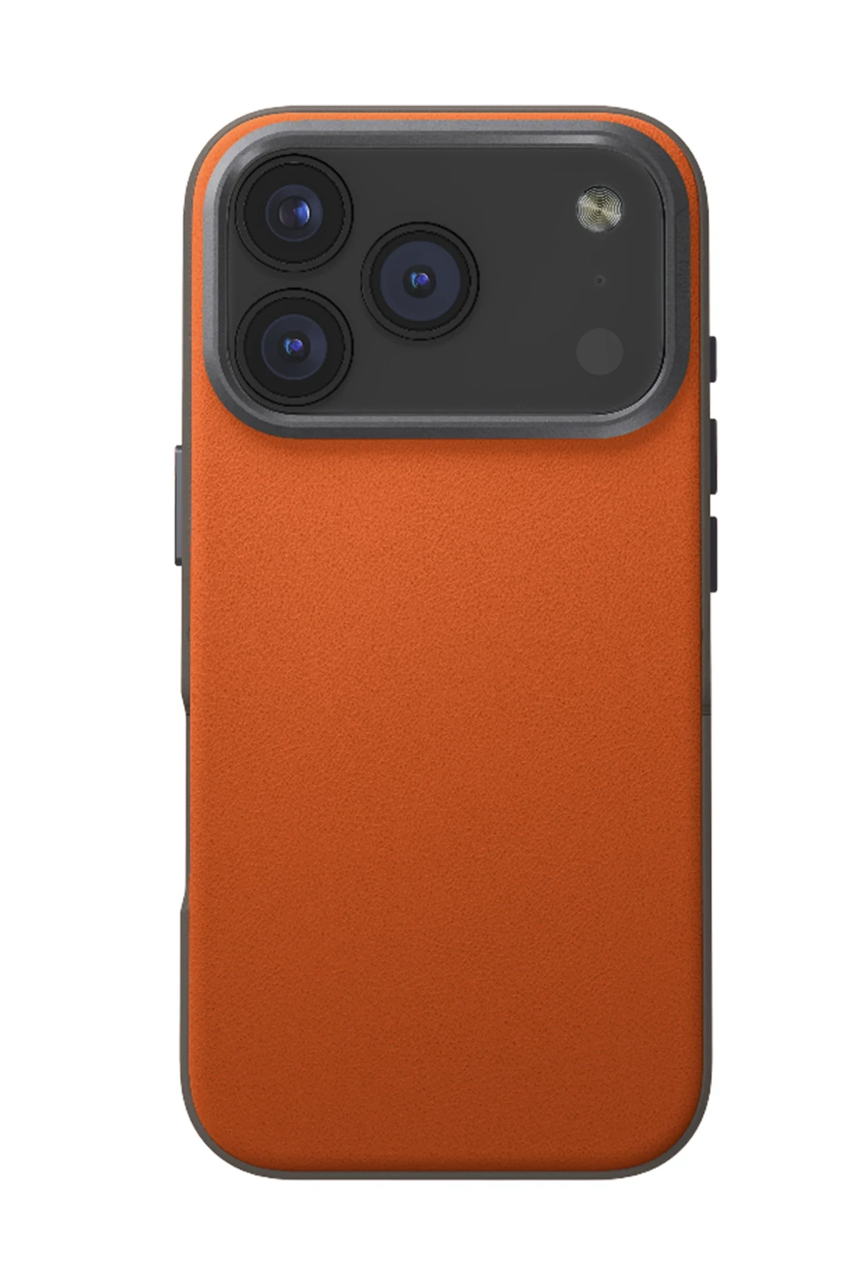 Üç lensli siyah kamera modülüne sahip turuncu telefon kılıfı.