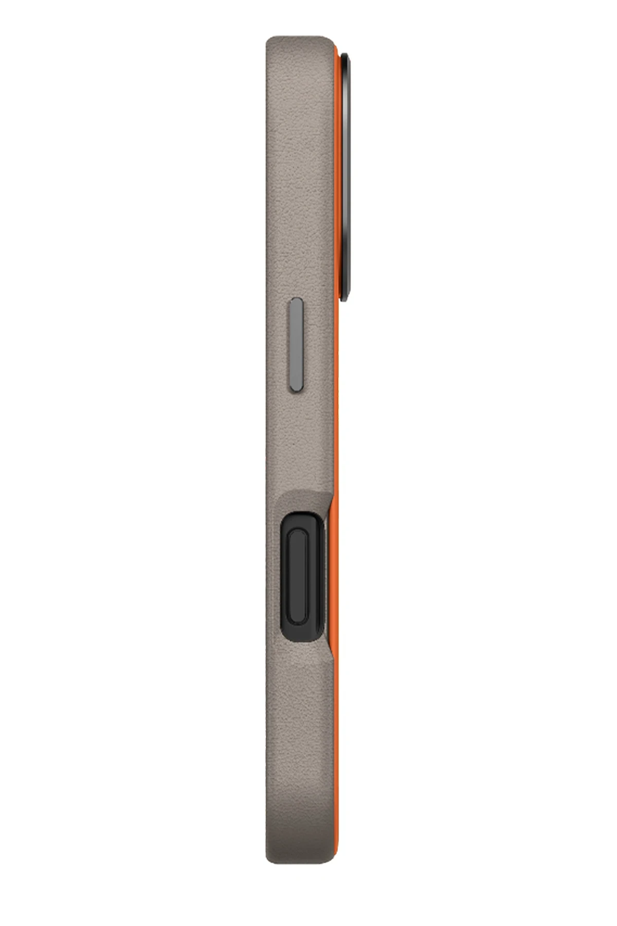 Turuncu kenarlı ve siyah düğmeli gri telefon kılıfı.