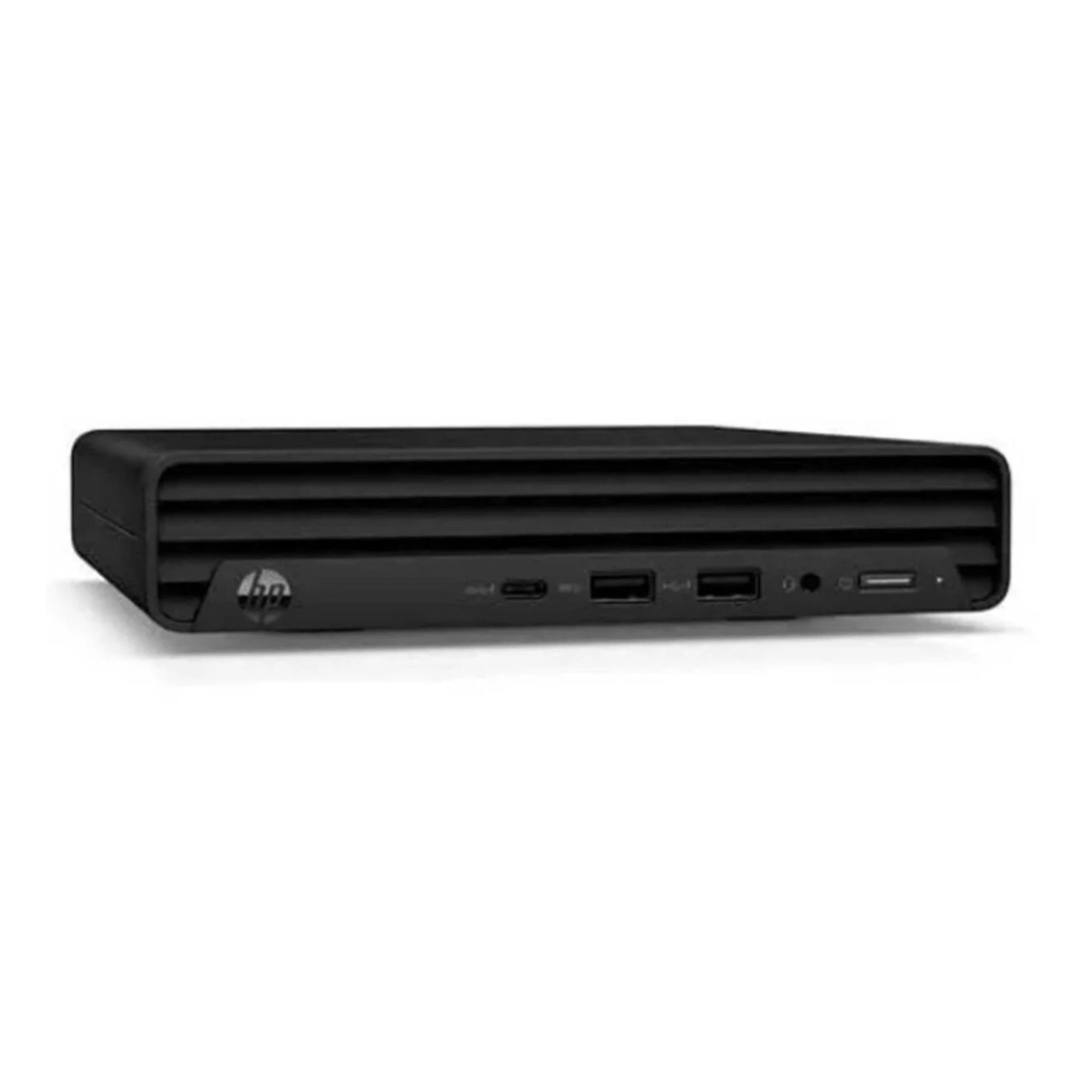 Arkadan portlu, havalandırmalı siyah HP mini PC. HP logosu görünür.