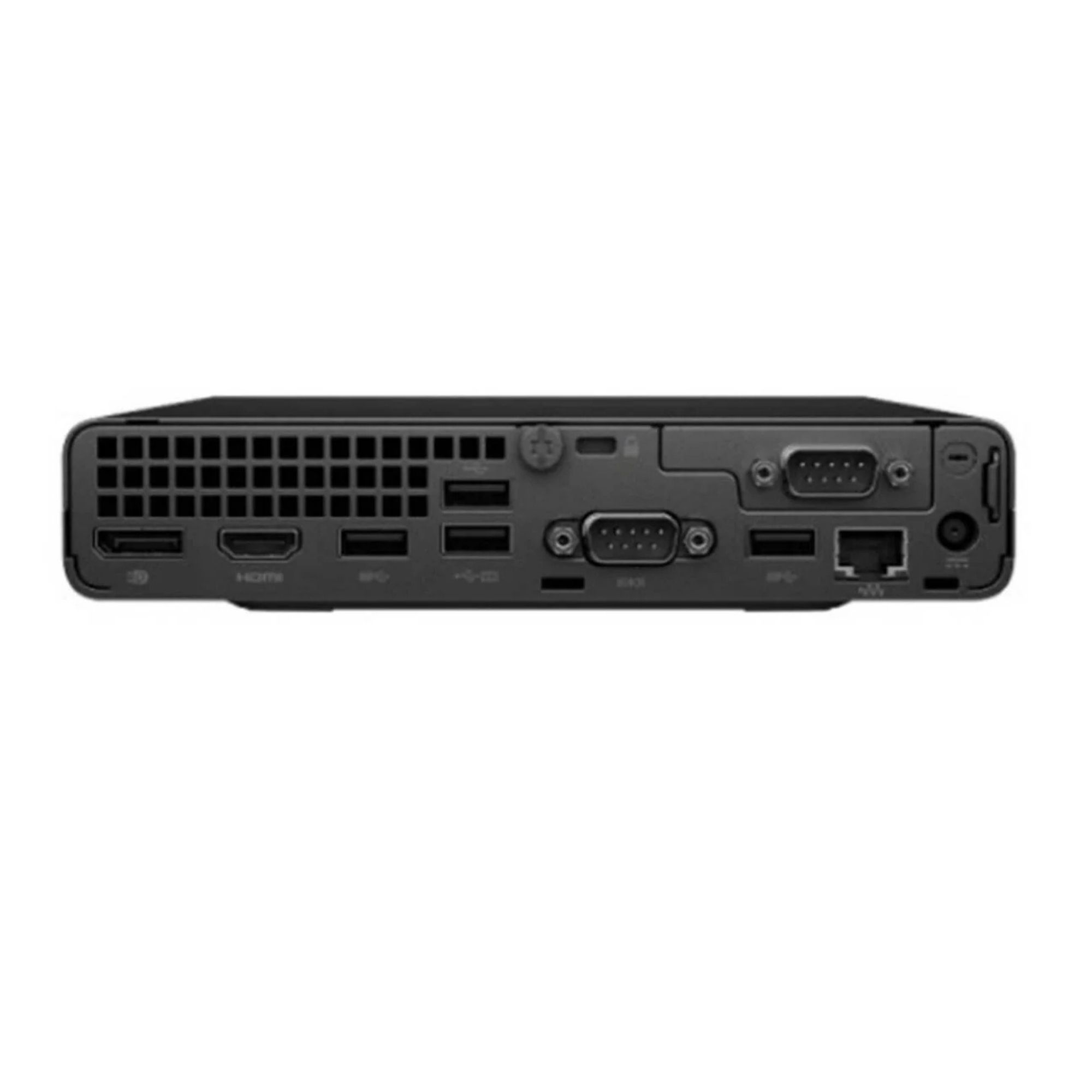 Siyah mini PC'nin arkası, bağlantı noktaları: HDMI, USB, VGA, Ethernet.