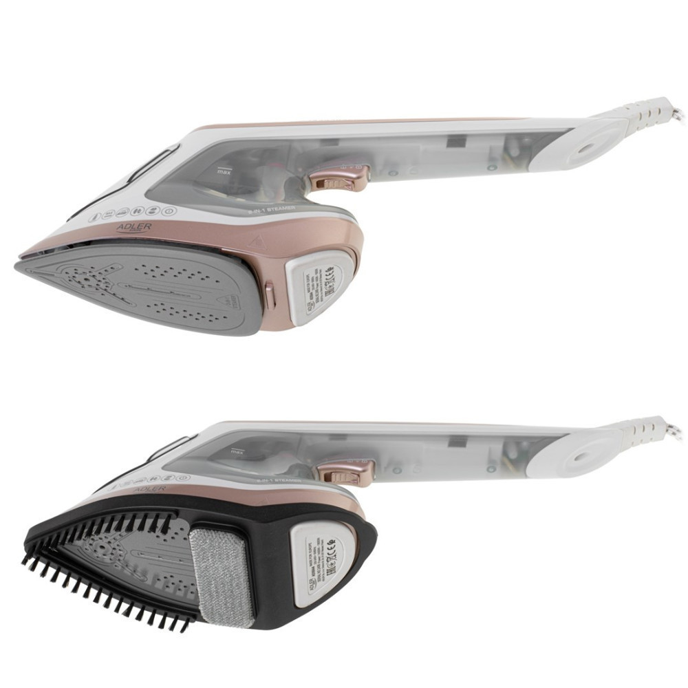 Dwa żelazka parowe z przezroczystymi zbiornikami na wodę i różowo-złotymi akcentami.