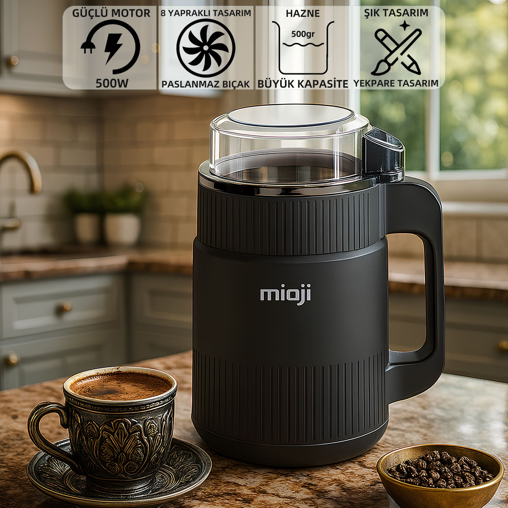 MIOJI Mio CG34 500W Paslanmaz Çelik Bıçak Kahve ve Baharat Öğütücü Siyah