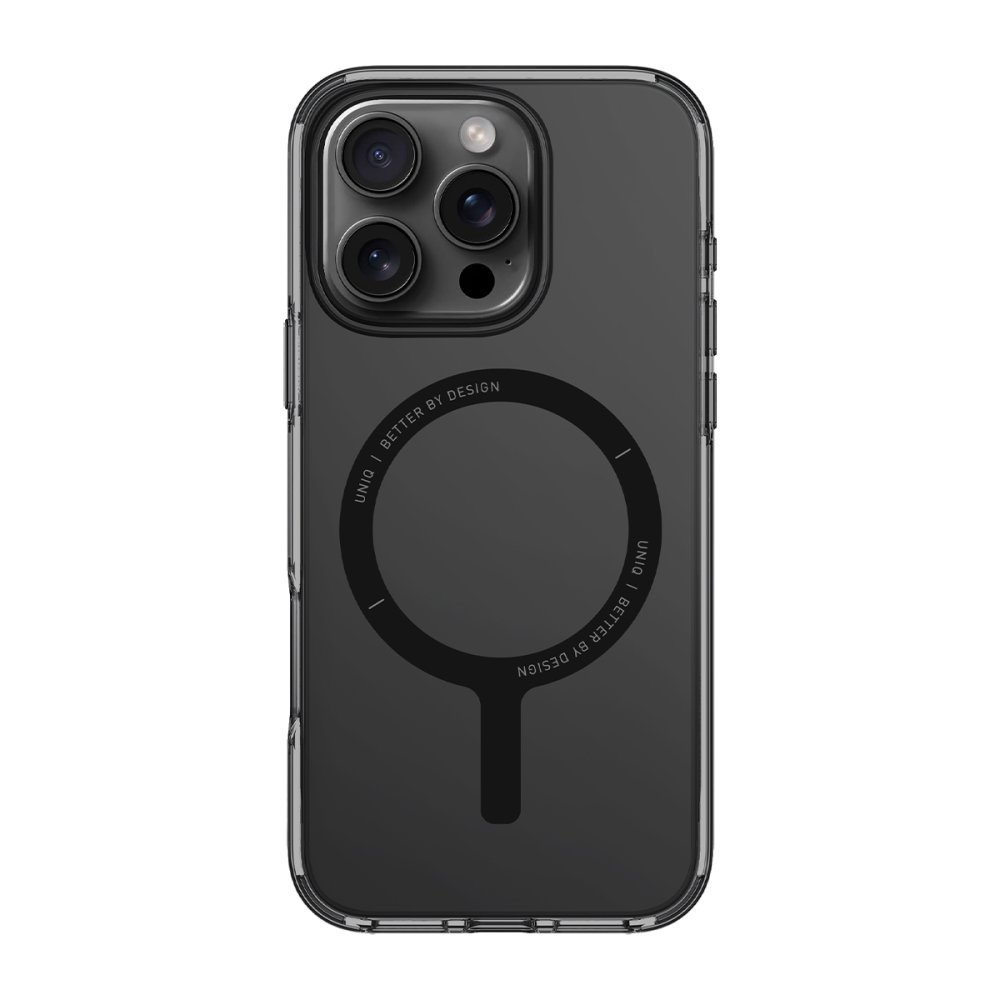 Üç lensli ve manyetik halkalı koyu renkli telefon kılıfı.
