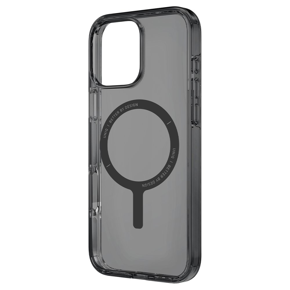 Şeffaf telefon kılıfı, siyah manyetik halka ve metinli.