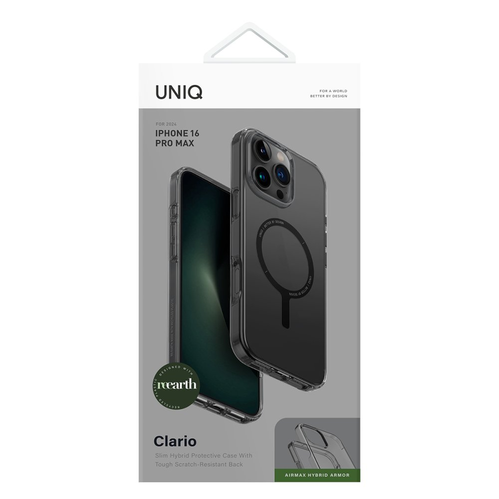 iPhone 16 Pro Max için Airmax Hybrid Armor'lu şeffaf UNIQ Clario kılıf.