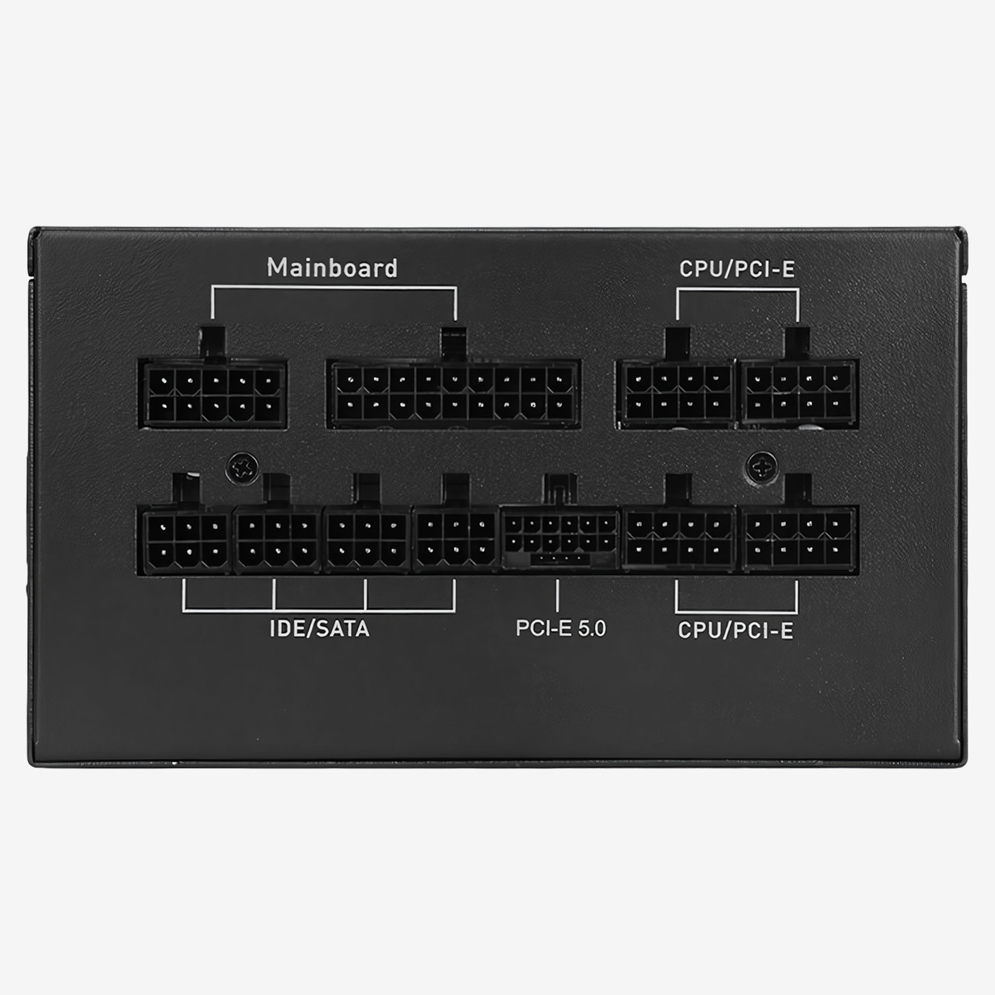 Anakart, CPU/PCI-E, IDE/SATA, PCI-E 5.0 için etiketli bağlantı noktalarına sahip siyah güç kaynağı.