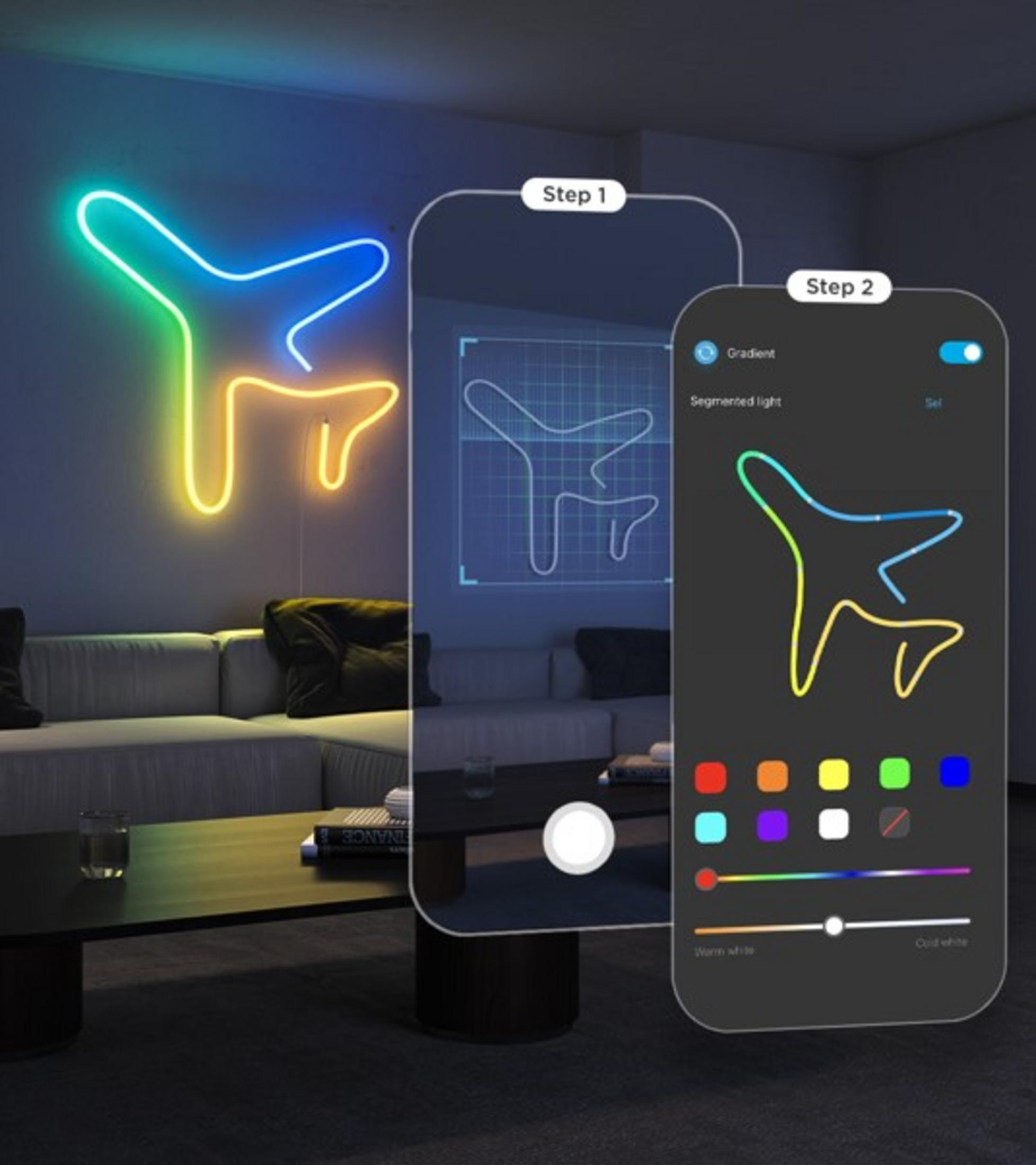 Una forma di aeroplano al neon luminosa gialla, verde e blu è appesa a un muro.