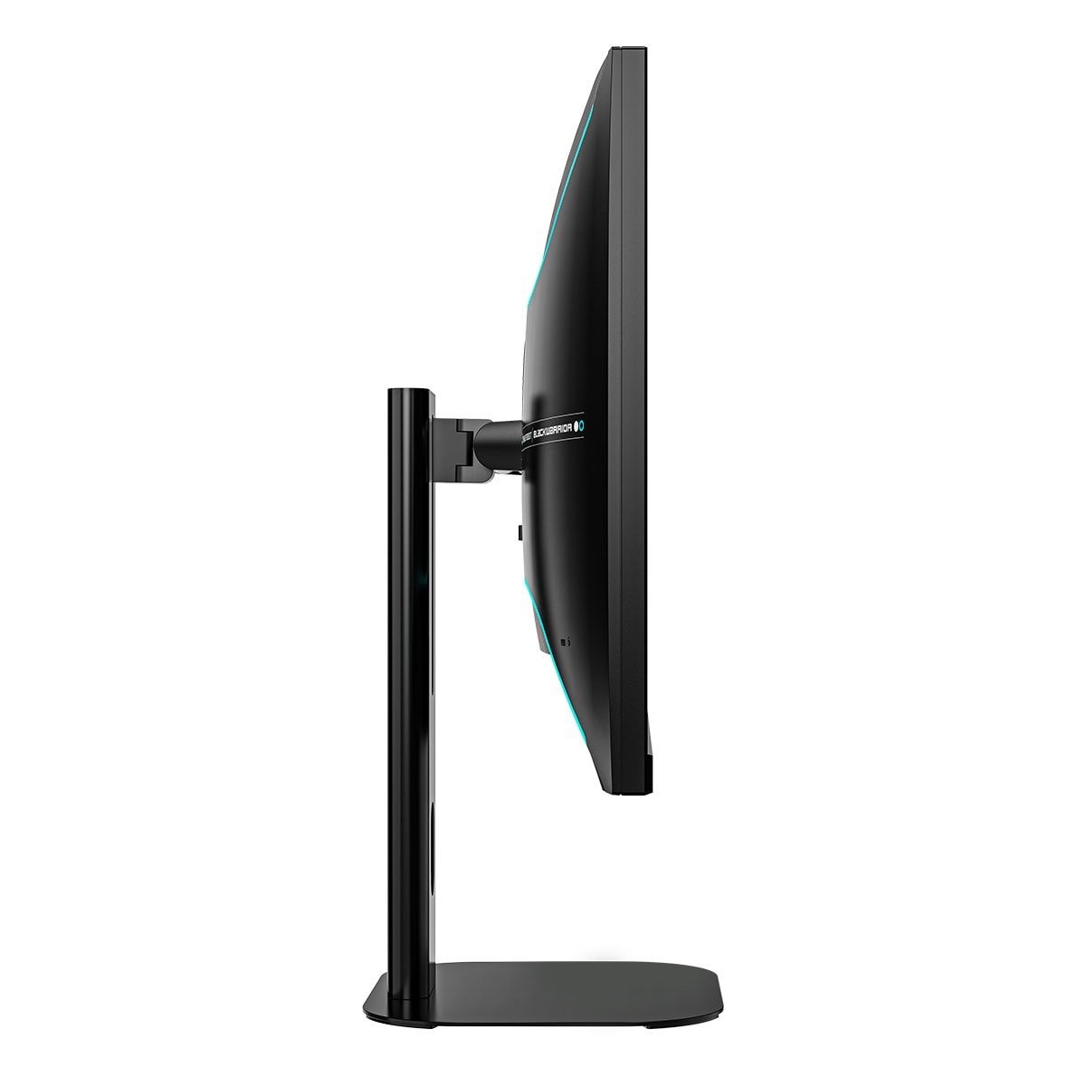 Siyah bir stant üzerinde mavi kenarlı siyah bilgisayar monitörü.