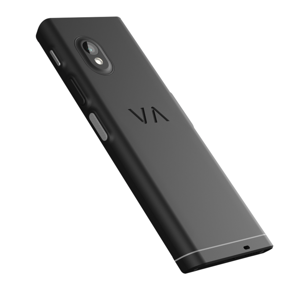Schwarzes Smartphone mit Kamera und VA-Logo, auf weißem Hintergrund.