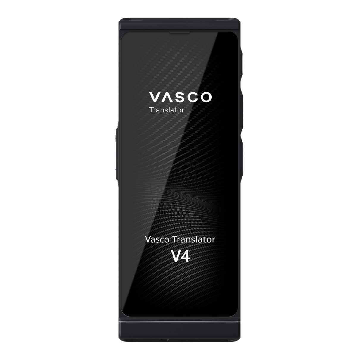 Ein schwarzes Vasco Übersetzer V4 Gerät mit Carbonmuster und Logo.