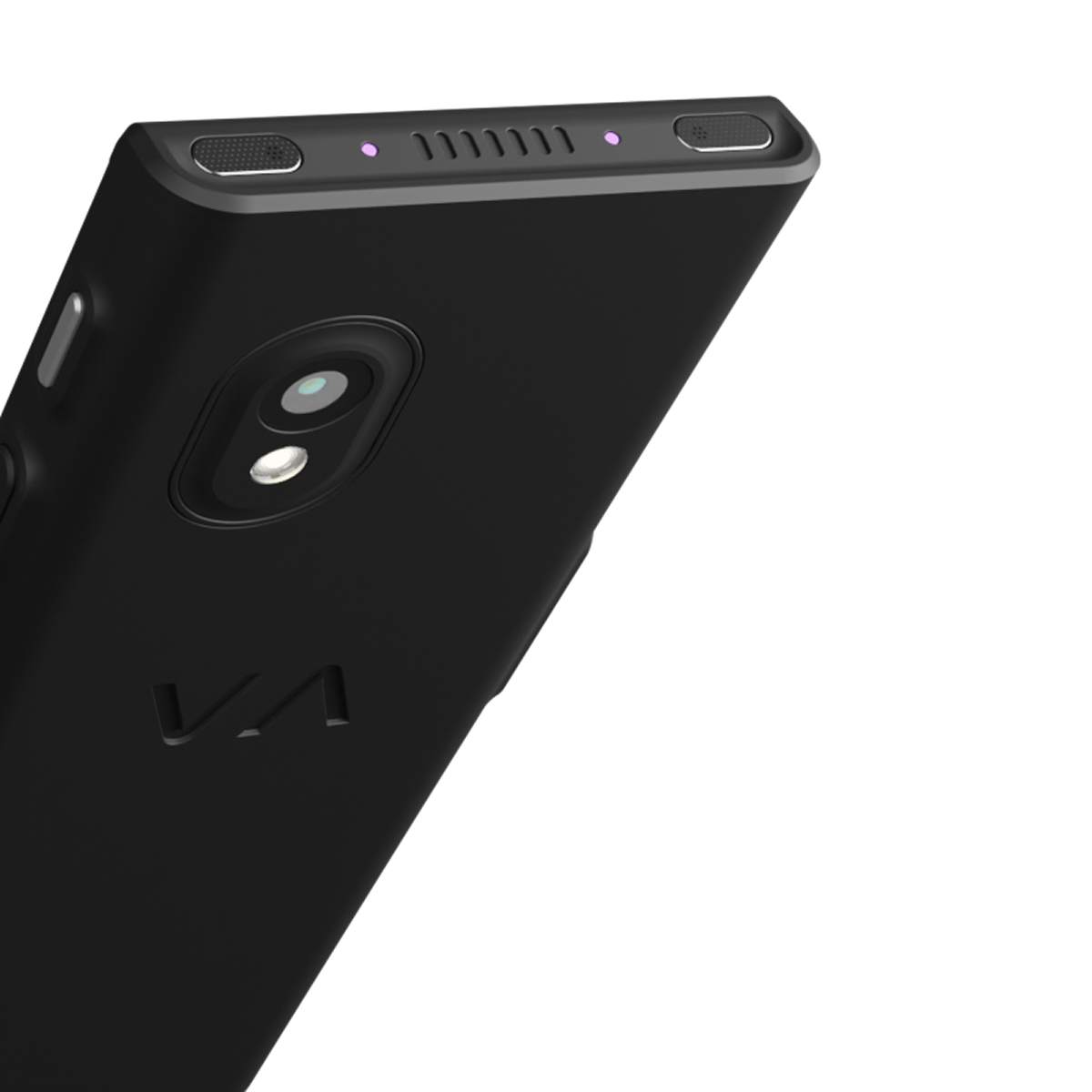 Nahaufnahme der oberen Rückseite eines schwarzen Smartphones mit Kamera, Blitz, Lautsprecher und kleinen LED-Leuchten auf weißem Hintergrund.