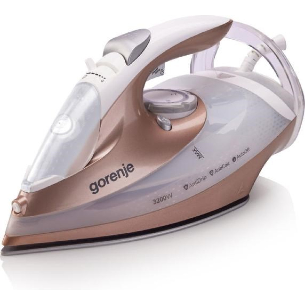 Un ferro da stiro a vapore Gorenje bianco e oro rosa con serbatoio trasparente.