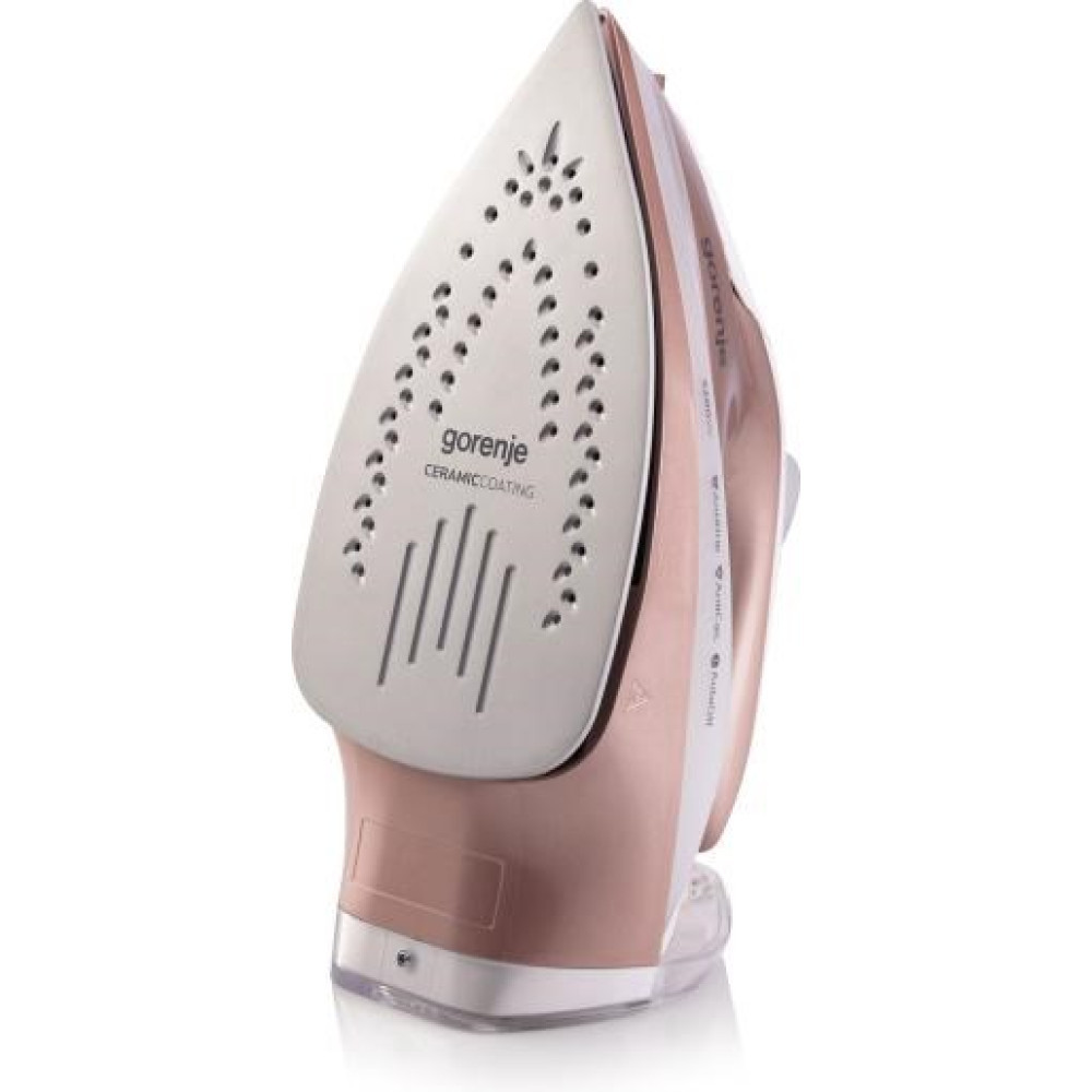 Una piastra per ferro da stiro a vapore Gorenje color oro rosa con rivestimento ceramico.