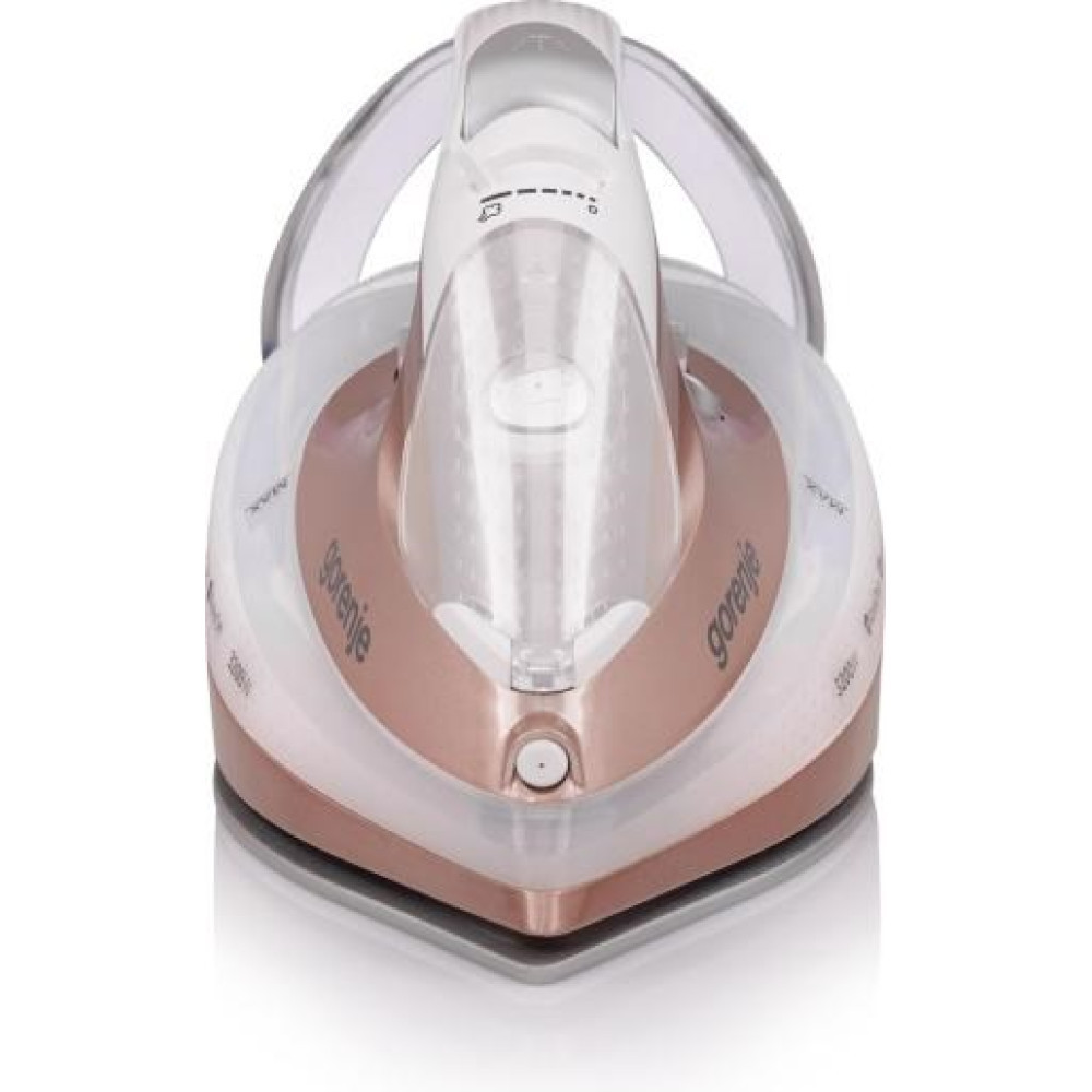 Un ferro da stiro a vapore Gorenje bianco e oro rosa con serbatoio trasparente.