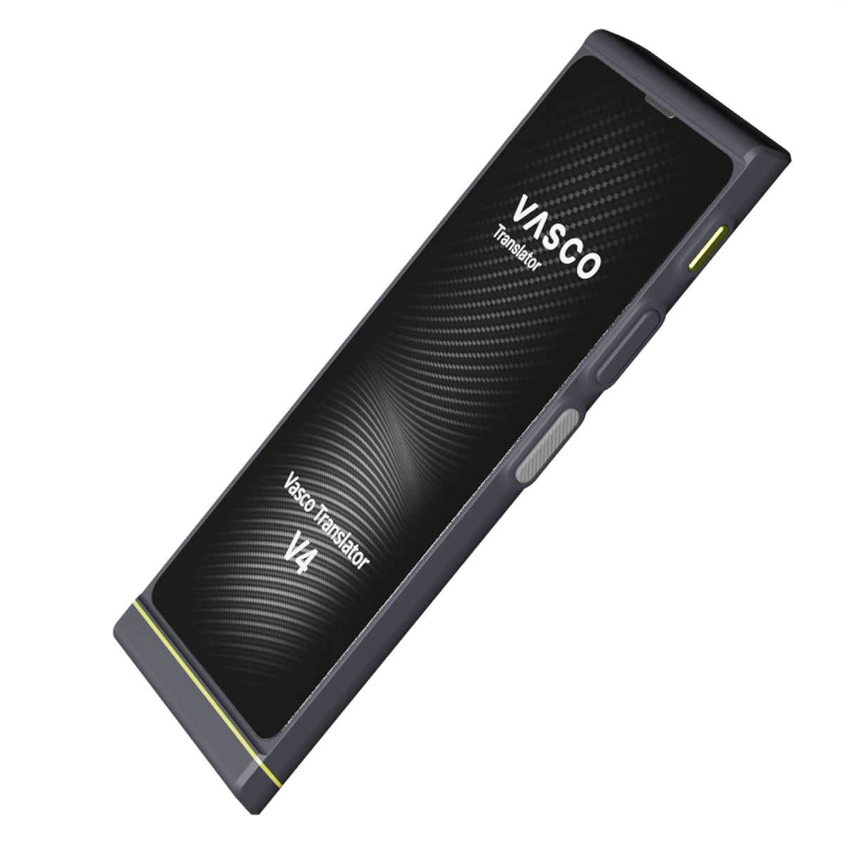 Ein graues Vasco Translator V4 Gerät mit dunklem Bildschirm und gelben Akzenten.