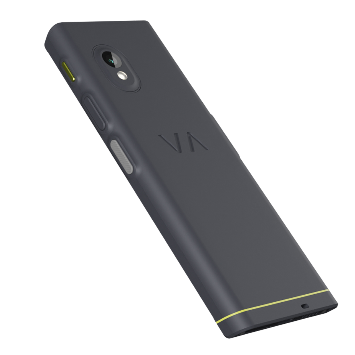 Dunkelgraues Smartphone mit Kamera, Knöpfen und gelbem Akzentstreifen.