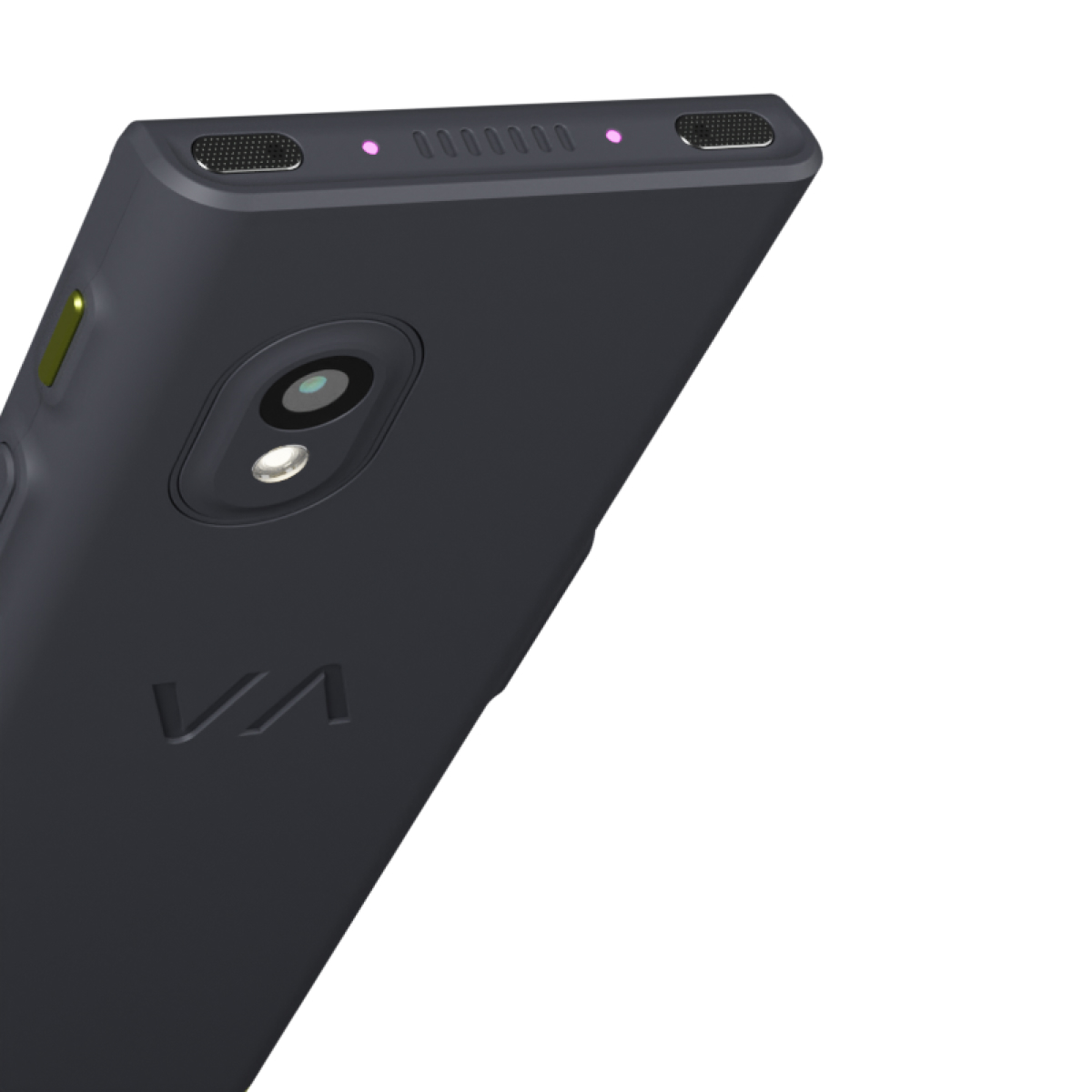 Dunkelgraues Smartphone mit Kamera, Blitz und Lautsprechern.