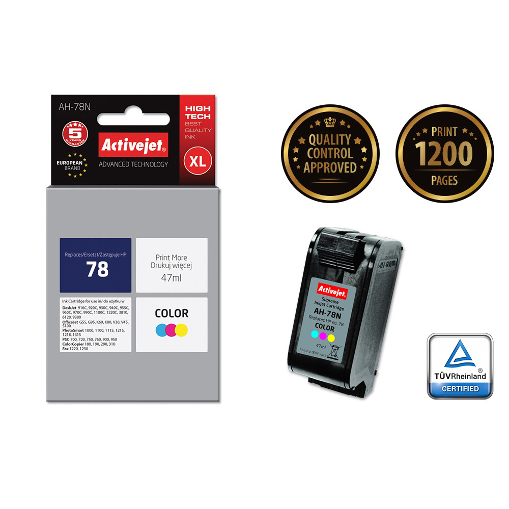 Opakowanie i wkład atramentowy do HP 78, XL, kolor, 47ml, z pieczęciami jakości i druku.