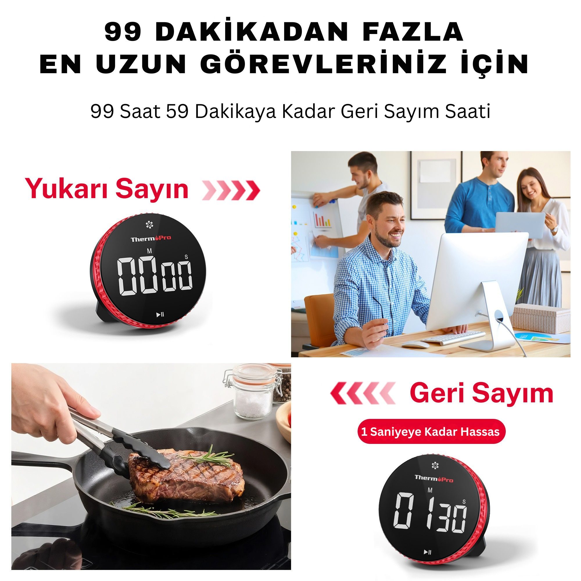 Çoklu sahneler: zamanlayıcı, ofis ekibi, biftek pişirme. Türkçe metin.