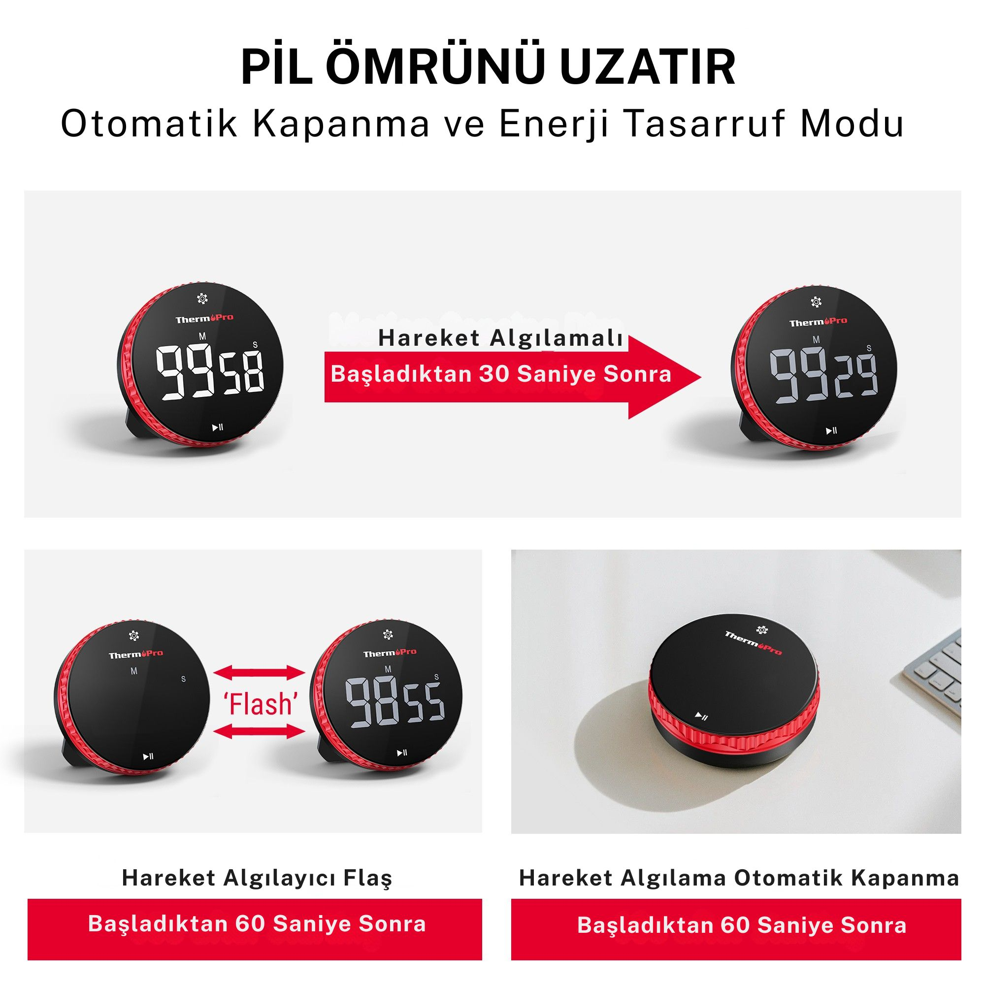 Kırmızı halkalı, siyah ekranlı iki dijital zamanlayıcı sayılar gösteriyor.