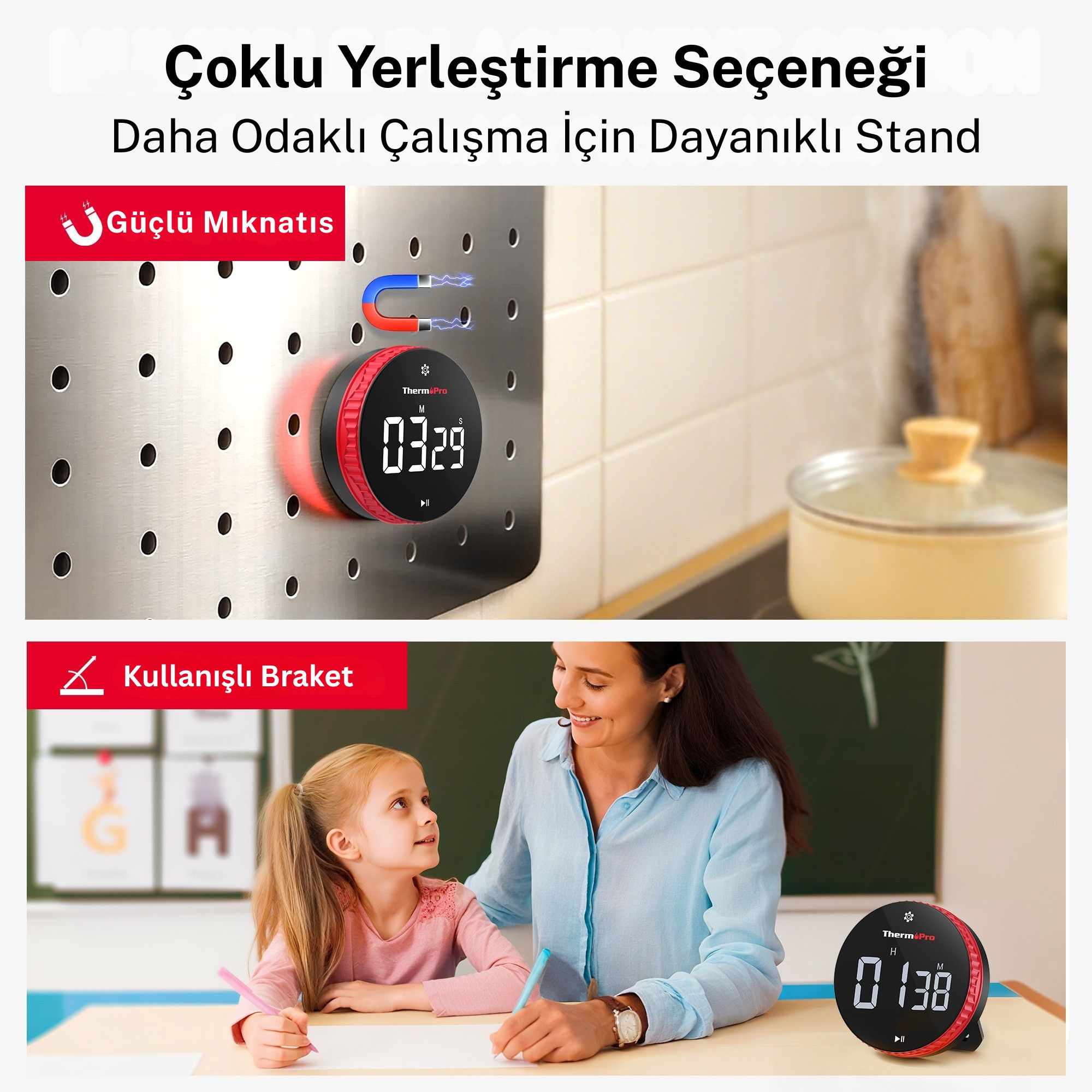 Dijital zamanlayıcı metal duvara yapışık, yanında tencere var. Altta çocuk ve kadın öğreniyor.