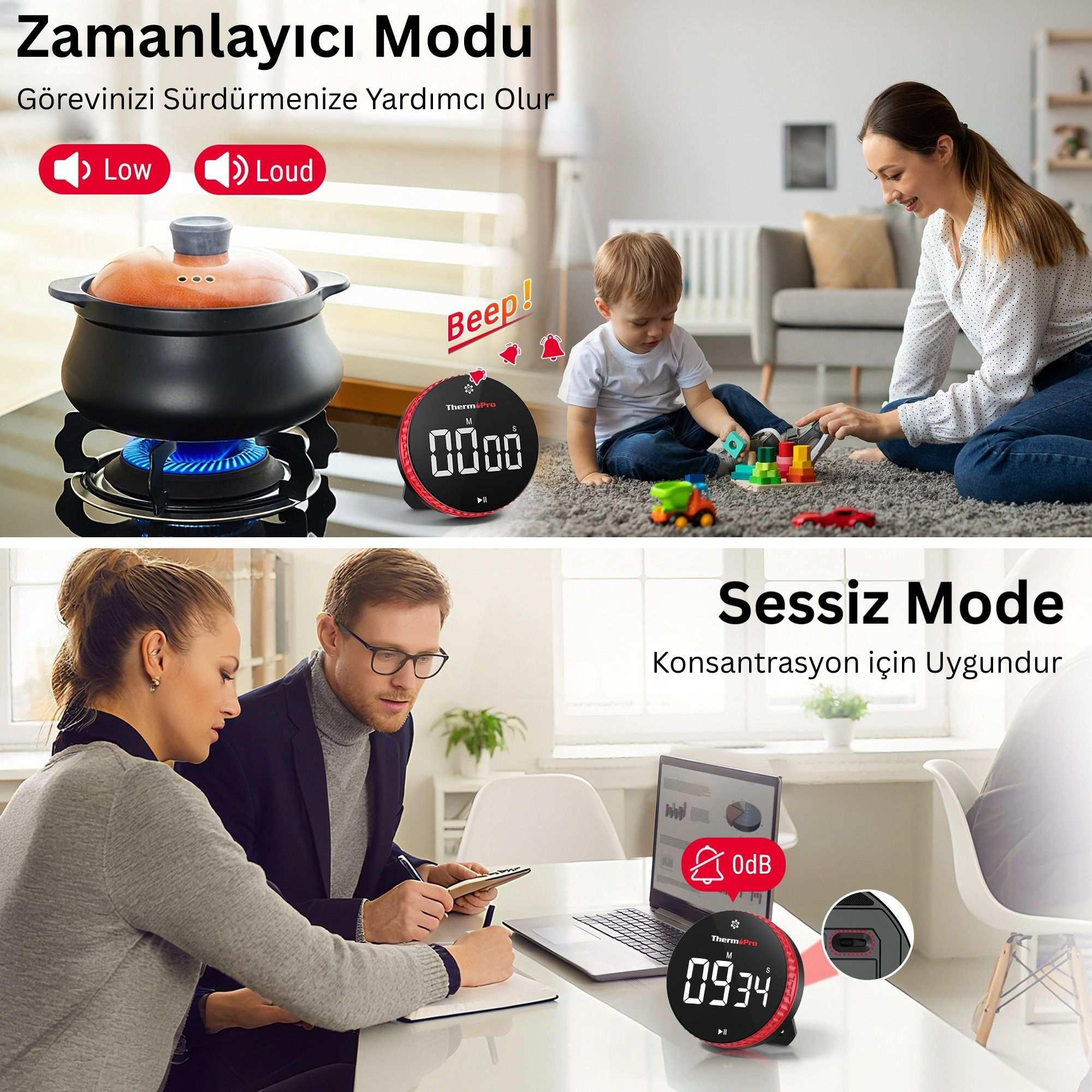Dijital zamanlayıcı, ocakta tencere ve arkada aile.