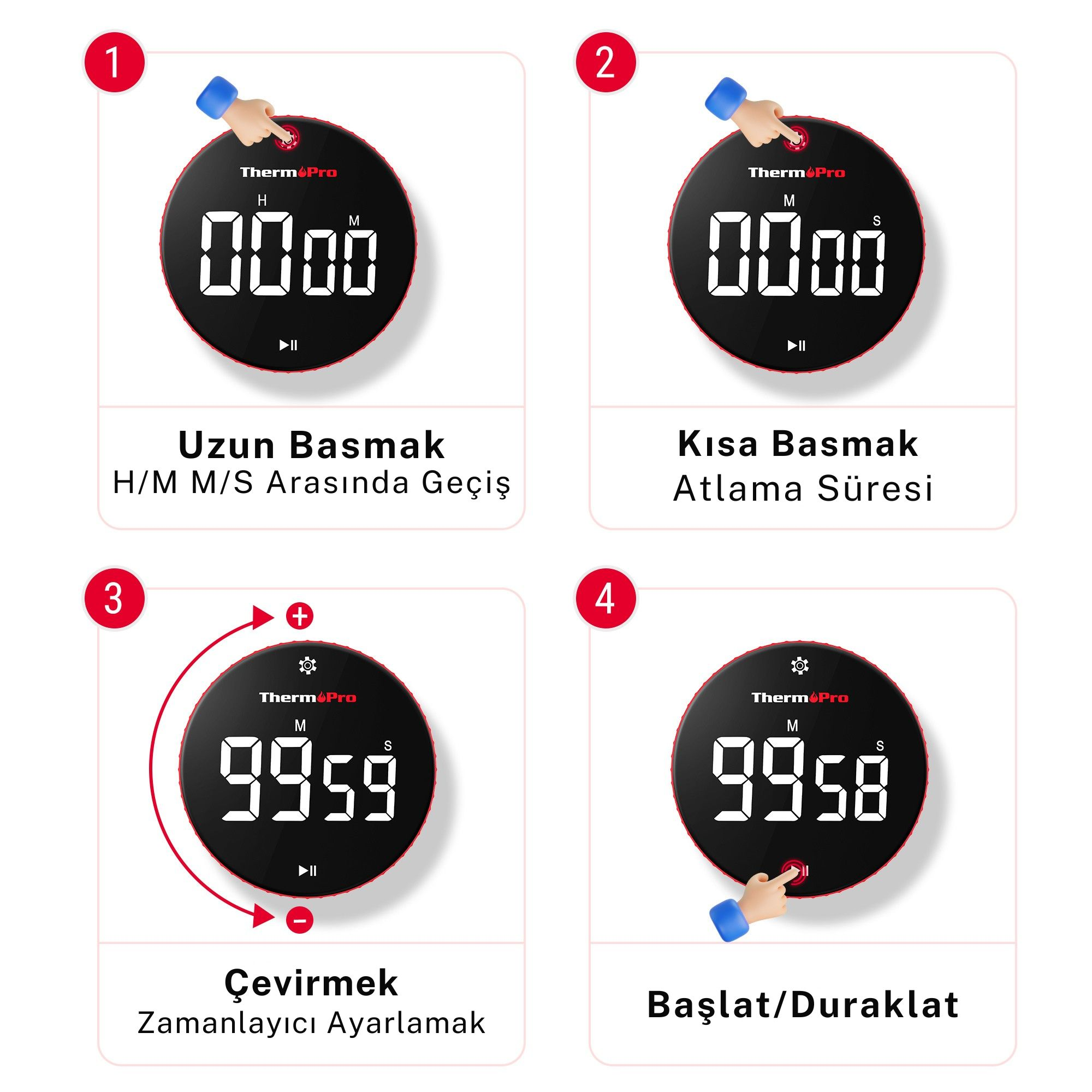 Dijital zamanlayıcı kılavuzu: Saat ekranları ve eylemler gösteren 4 adım.