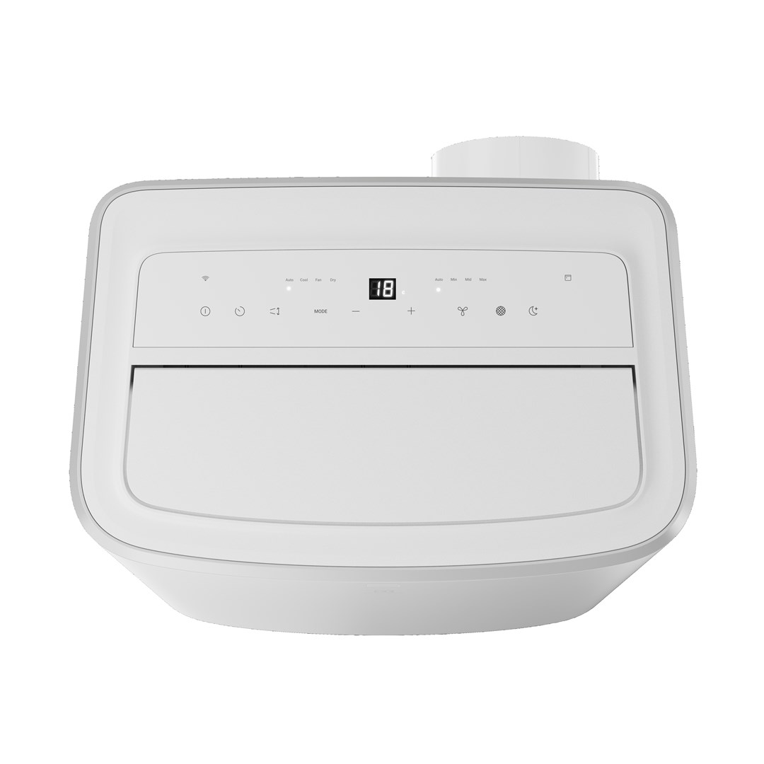 Biały klimatyzator z cyfrowym wyświetlaczem i przyciskami sterującymi.