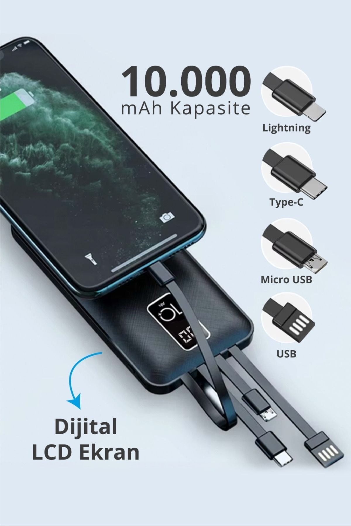 PIRANHA 9030 LCD Göstergeli Hızlı Şarj / Type-C-USB-iOS Lightning-Micro USB Çoklu Kablo 10.000 mAh mAh Powerbank Siyah