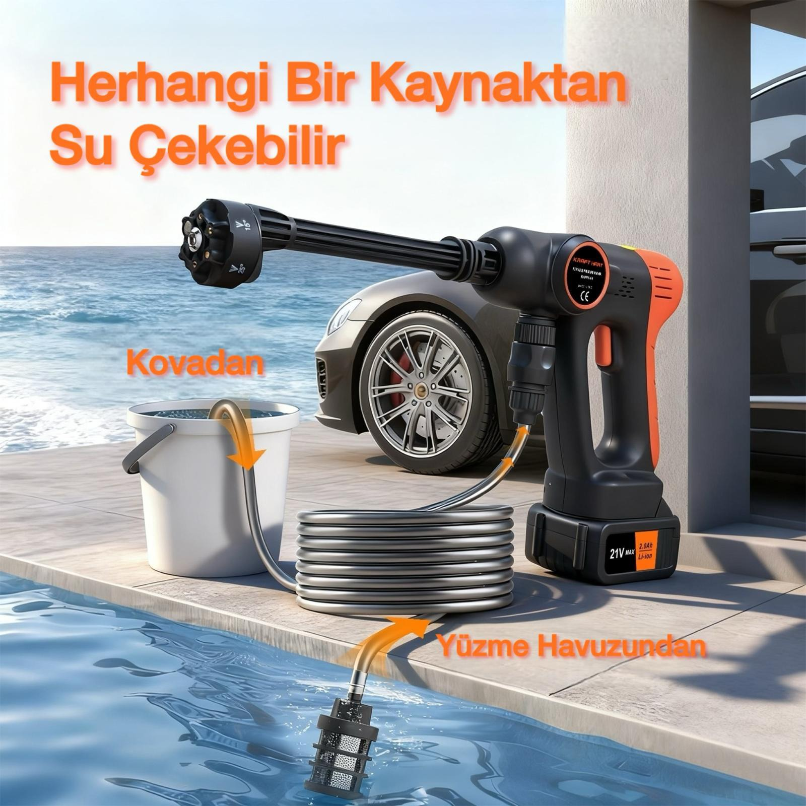Taşınabilir basınçlı yıkayıcı, kovadan veya havuzdan su çeker.