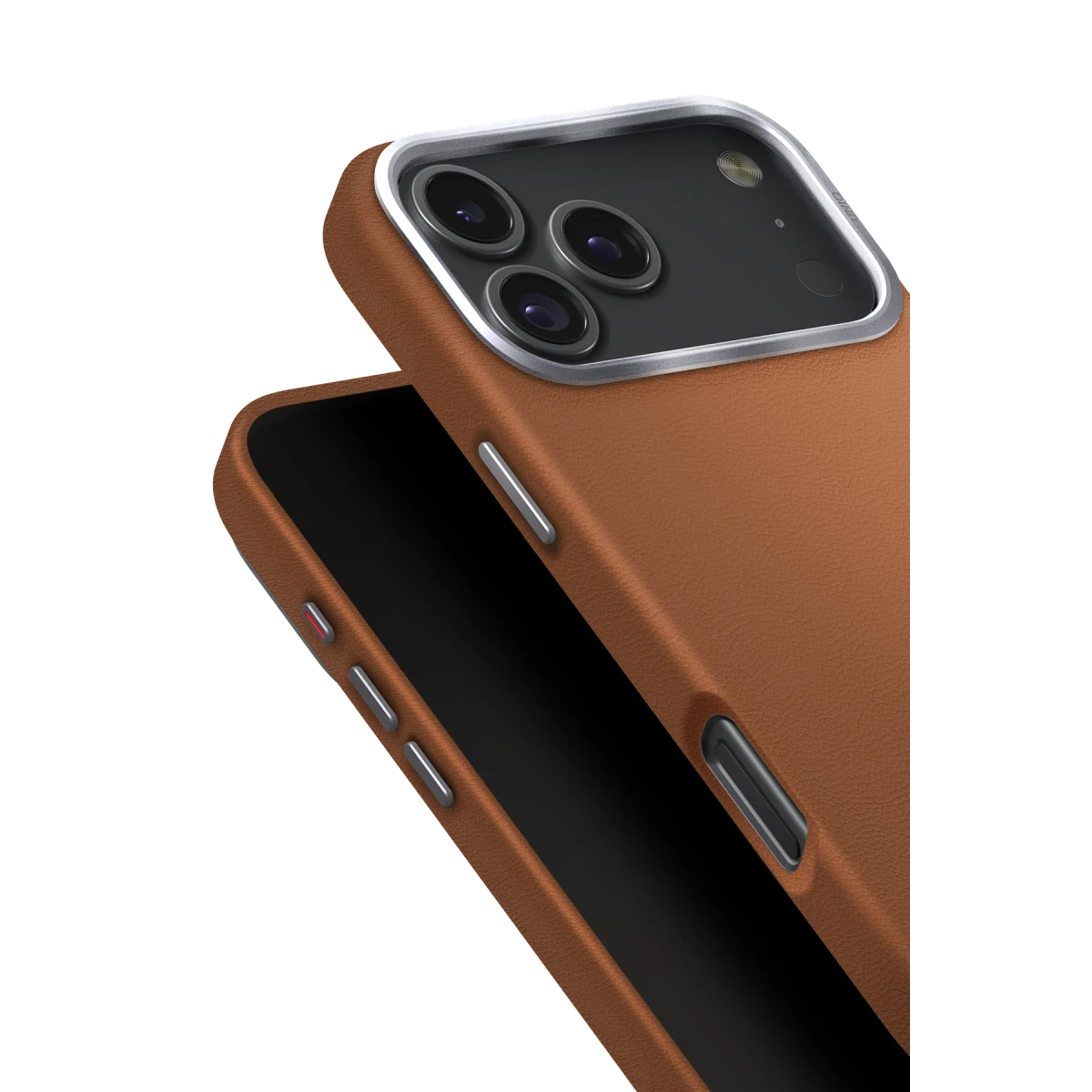 Üç kameralı bir iPhone için kahverengi deri kılıf.