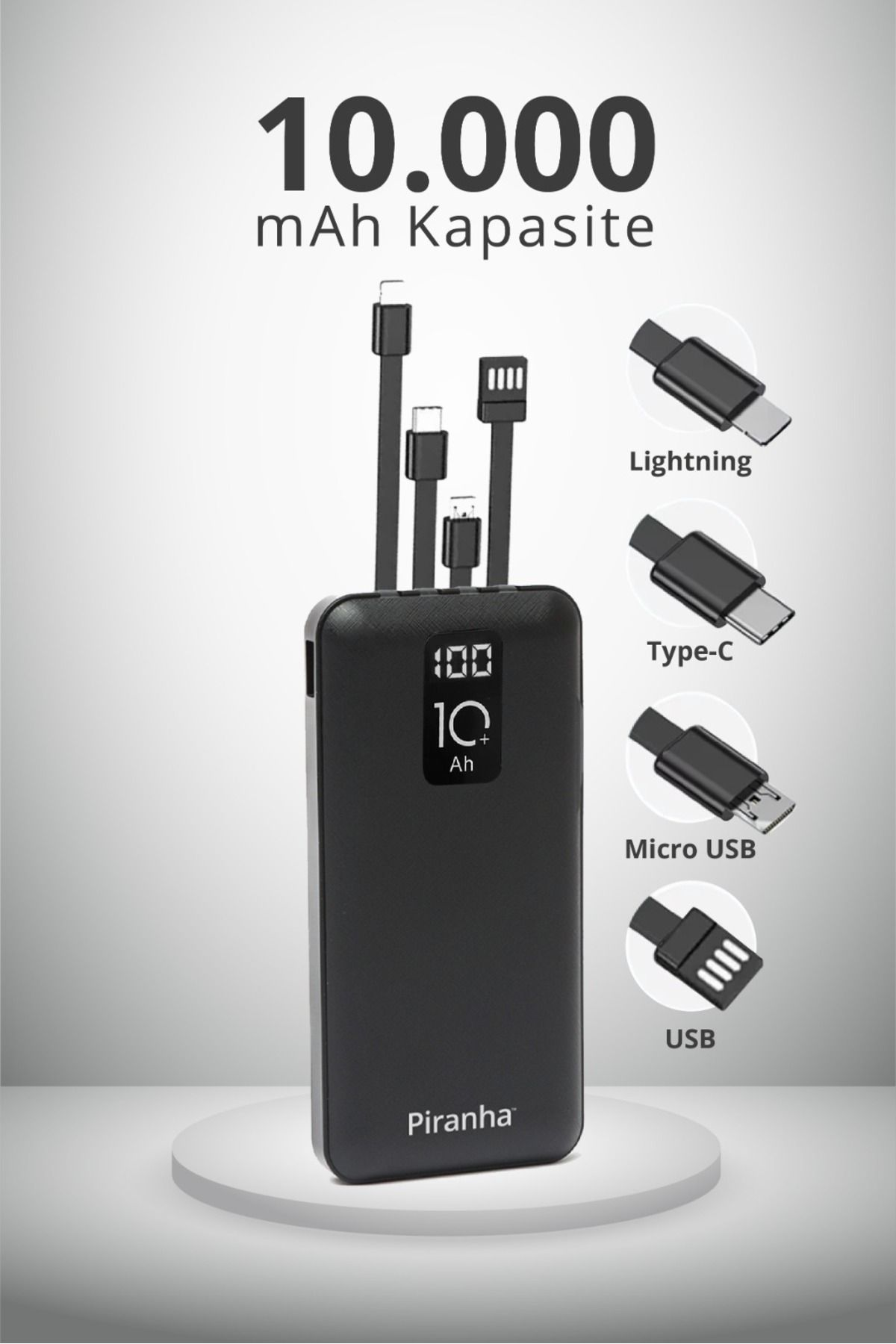 Şarj göstergeli ve çeşitli kablolu siyah 10.000 mAh powerbank.