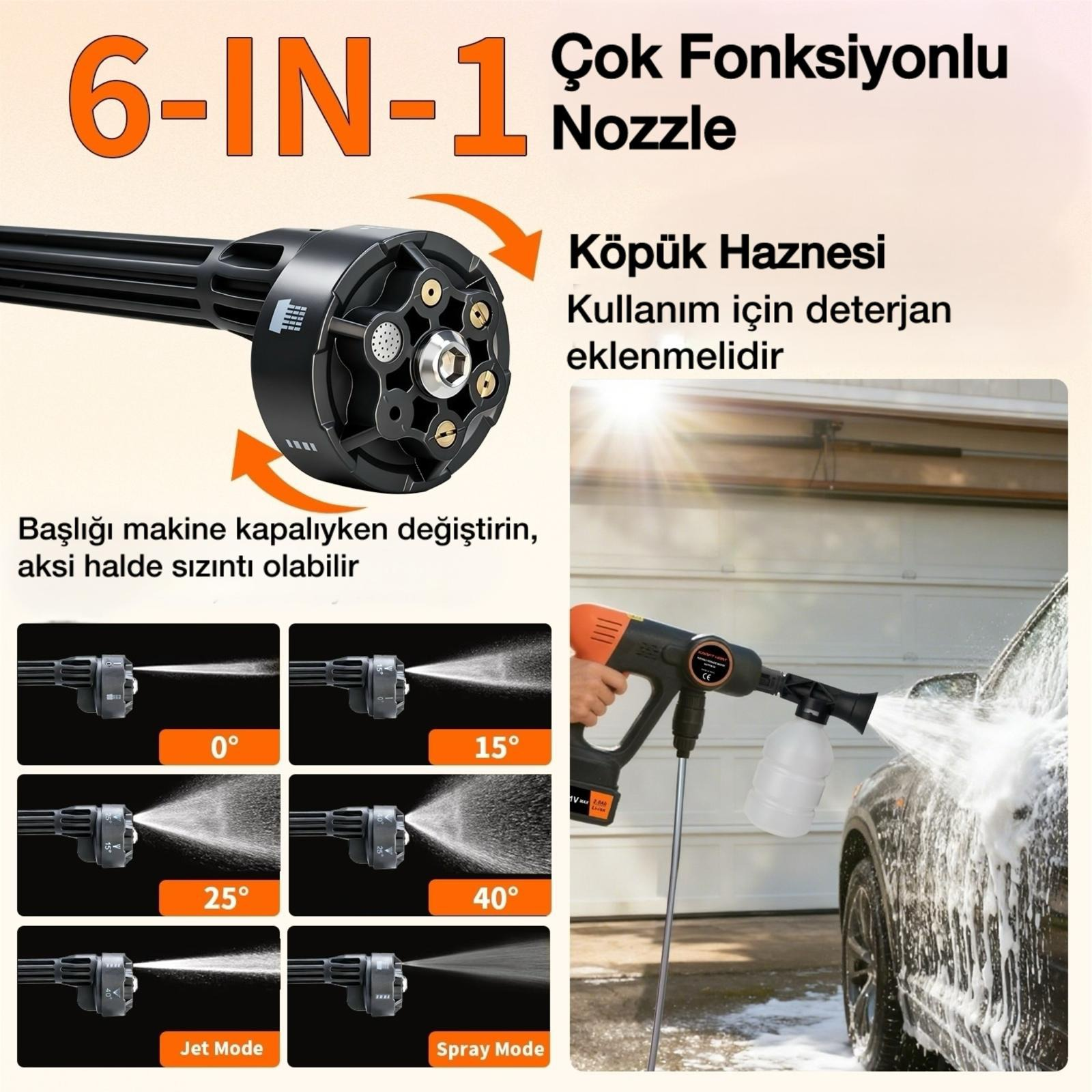 6'sı 1 arada nozullu basınçlı yıkayıcı araca köpük sıkıyor.