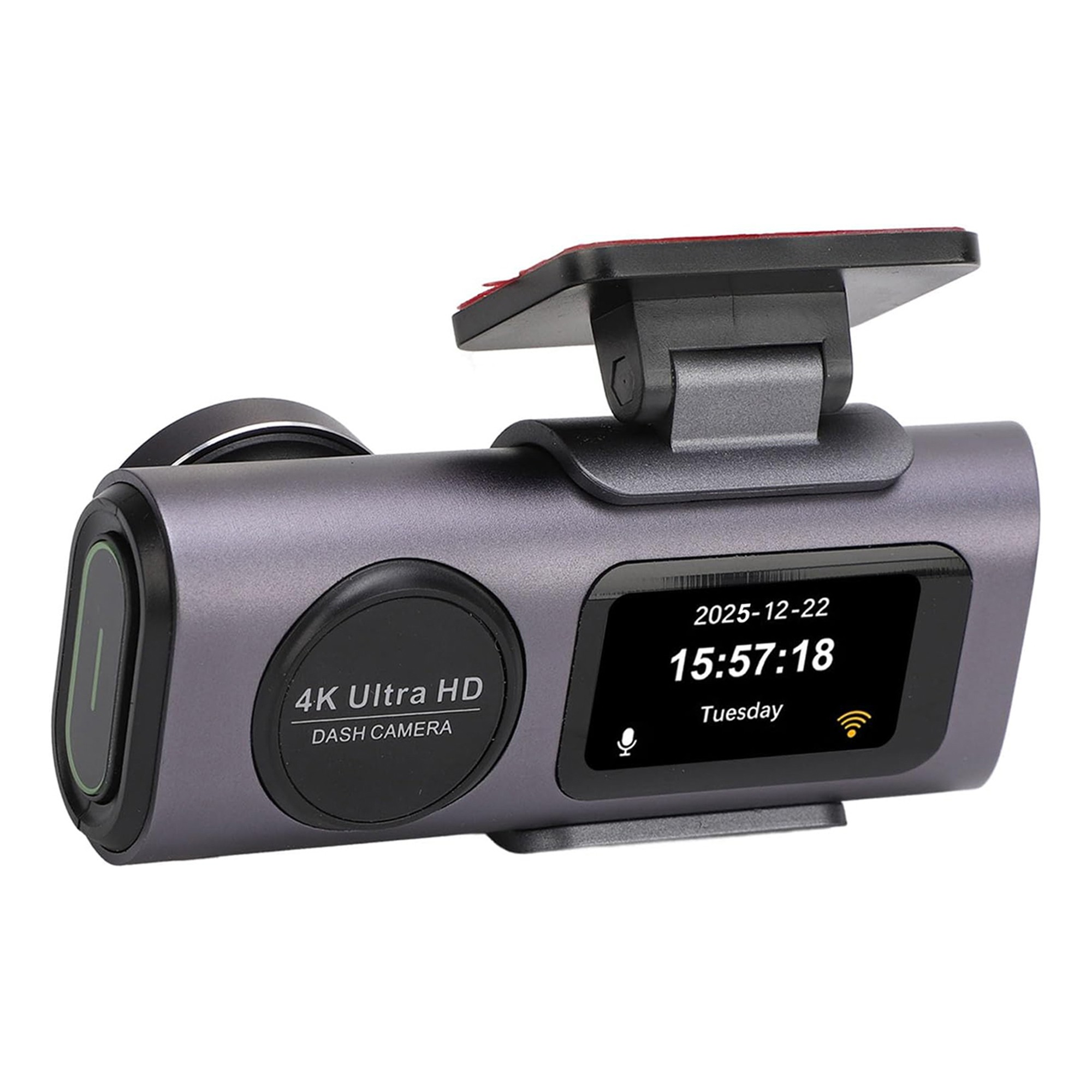 Tarih, saat ve haftanın gününü gösteren ekrana sahip gri 4K Ultra HD araç kamerası.